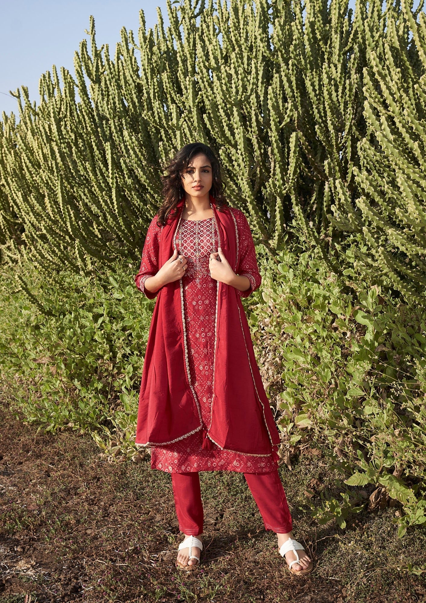 Ruby Radiance Woven Kurta Set-fourbuttons-in