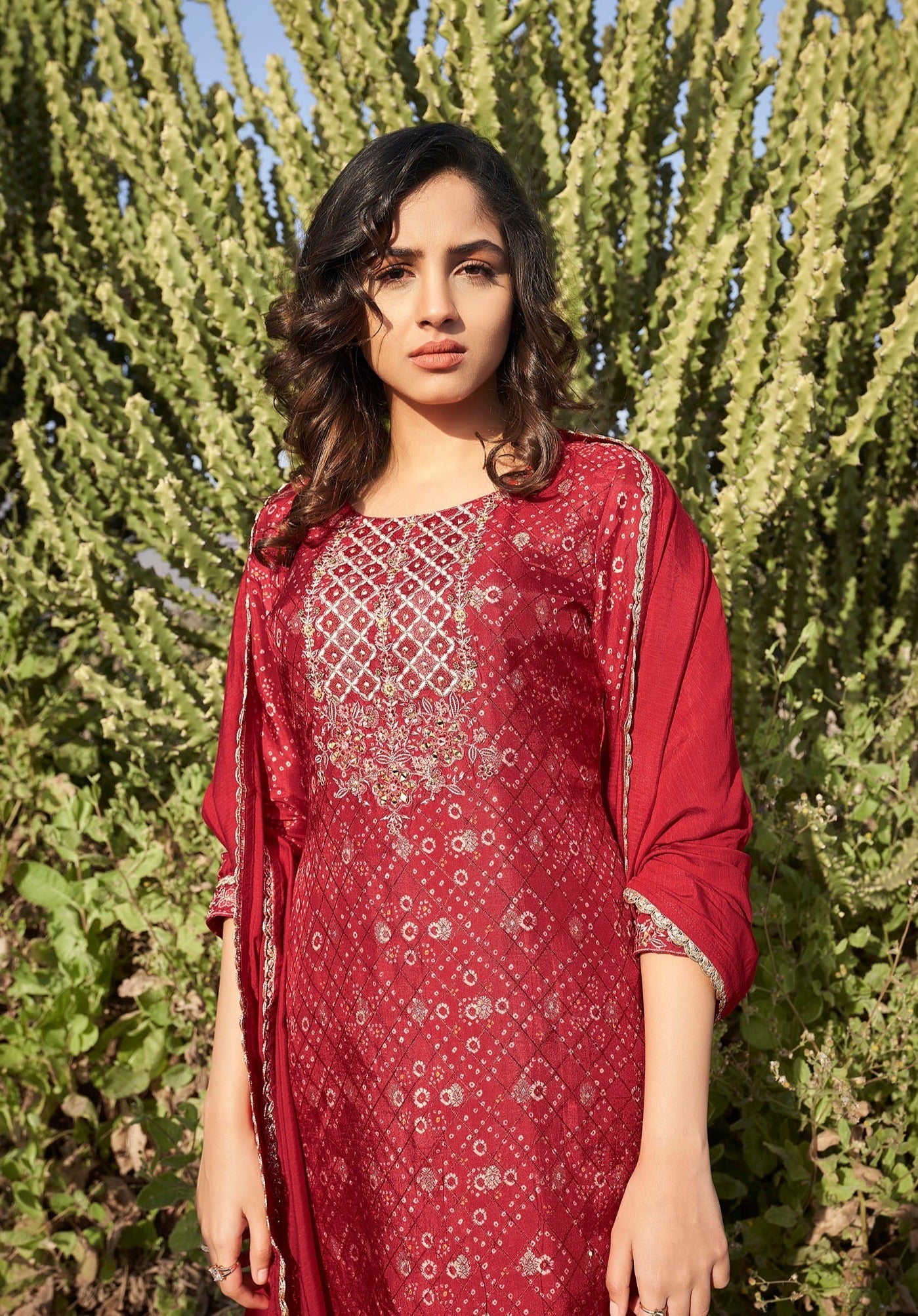 Ruby Radiance Woven Kurta Set-fourbuttons-in