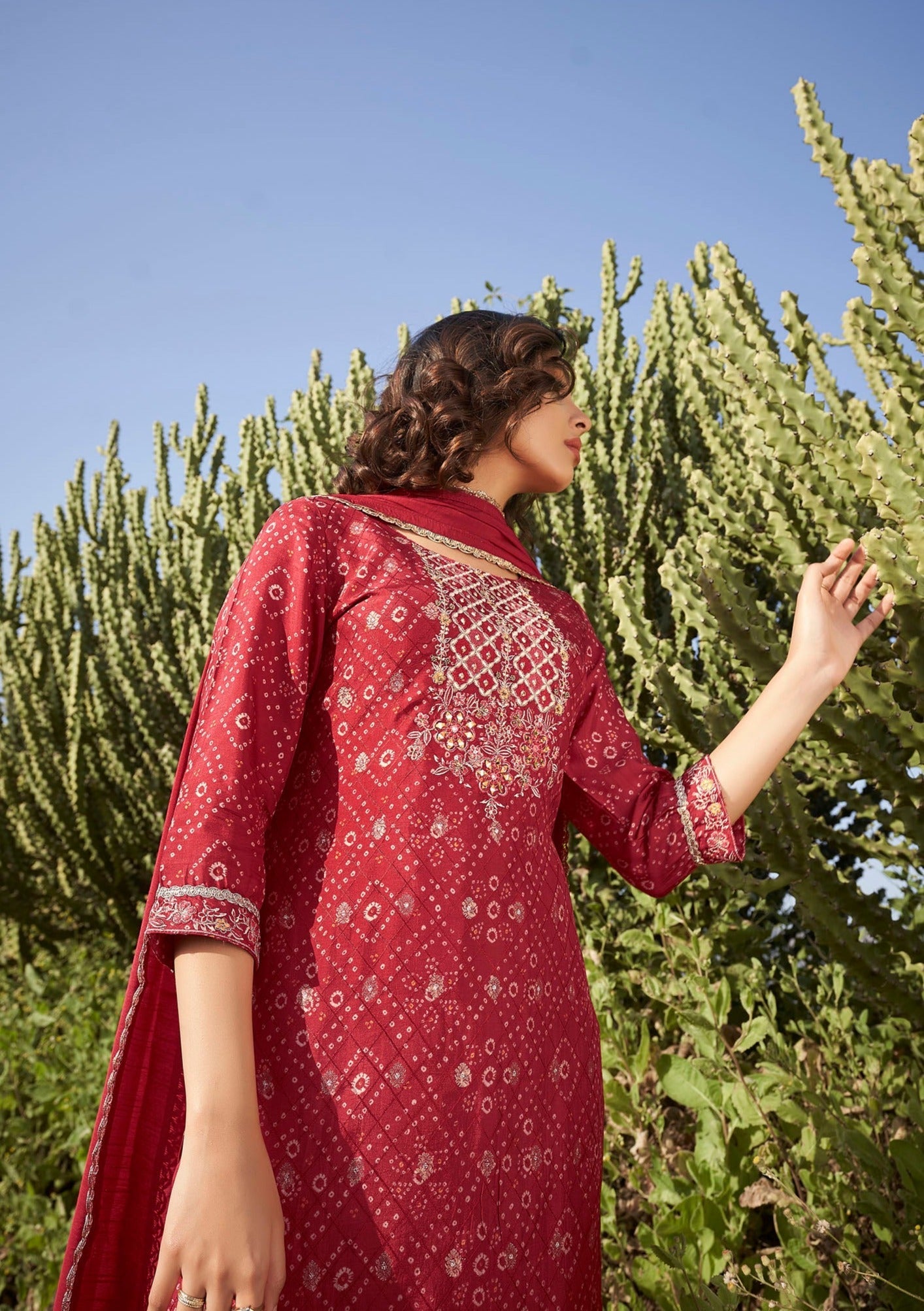 Ruby Radiance Woven Kurta Set-fourbuttons-in