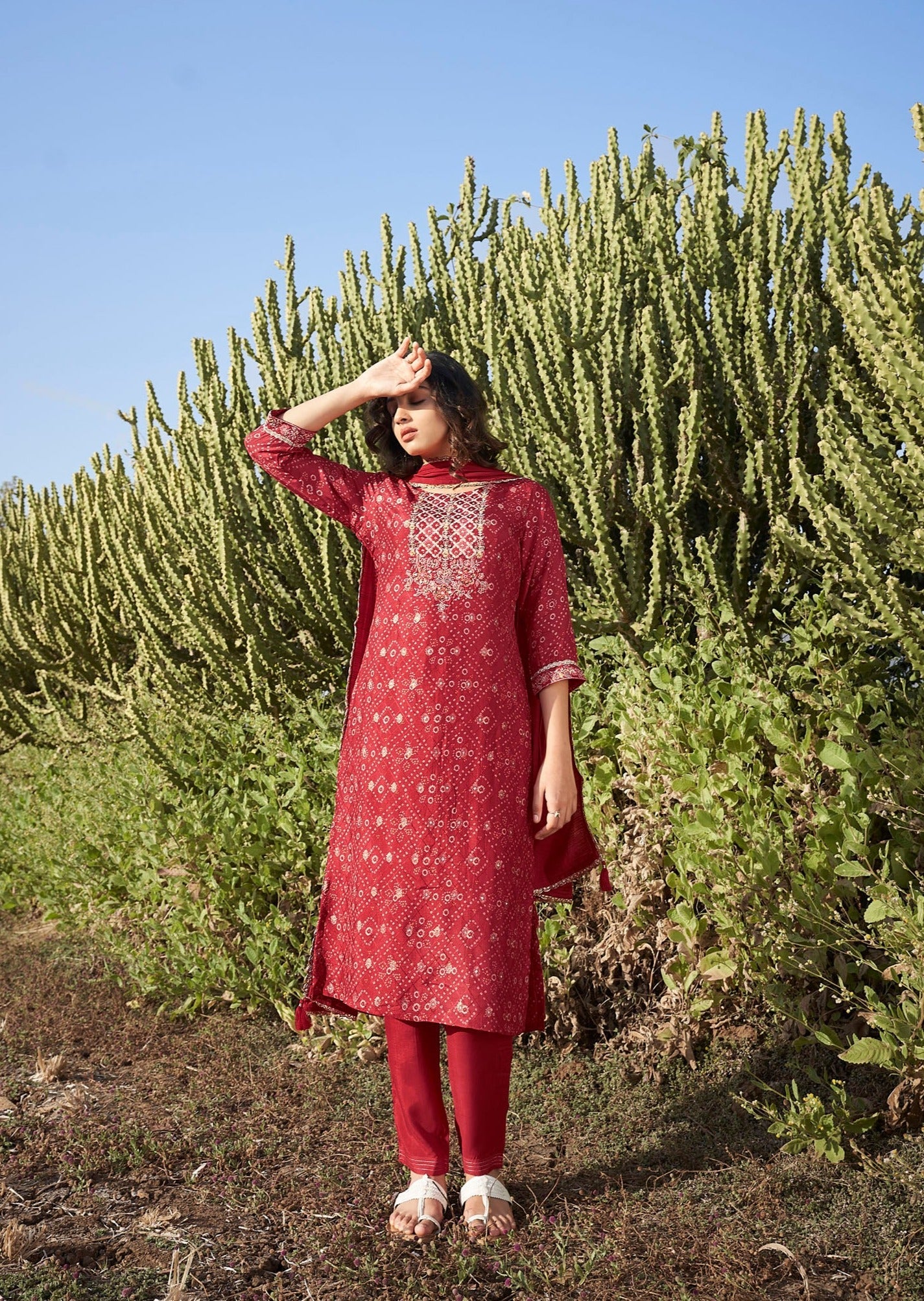 Ruby Radiance Woven Kurta Set-fourbuttons-in