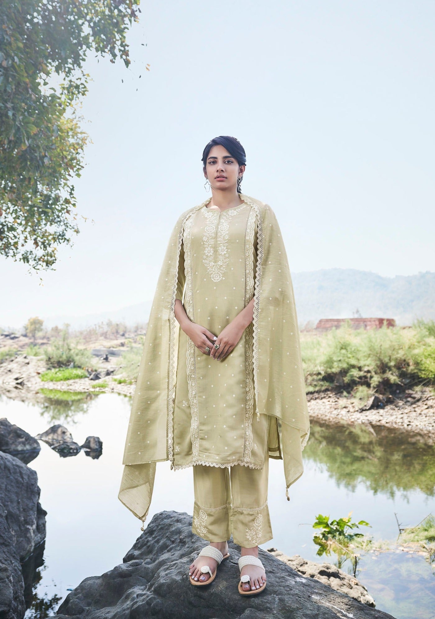 Sage Chikankari Kurta Set-fourbuttons-in