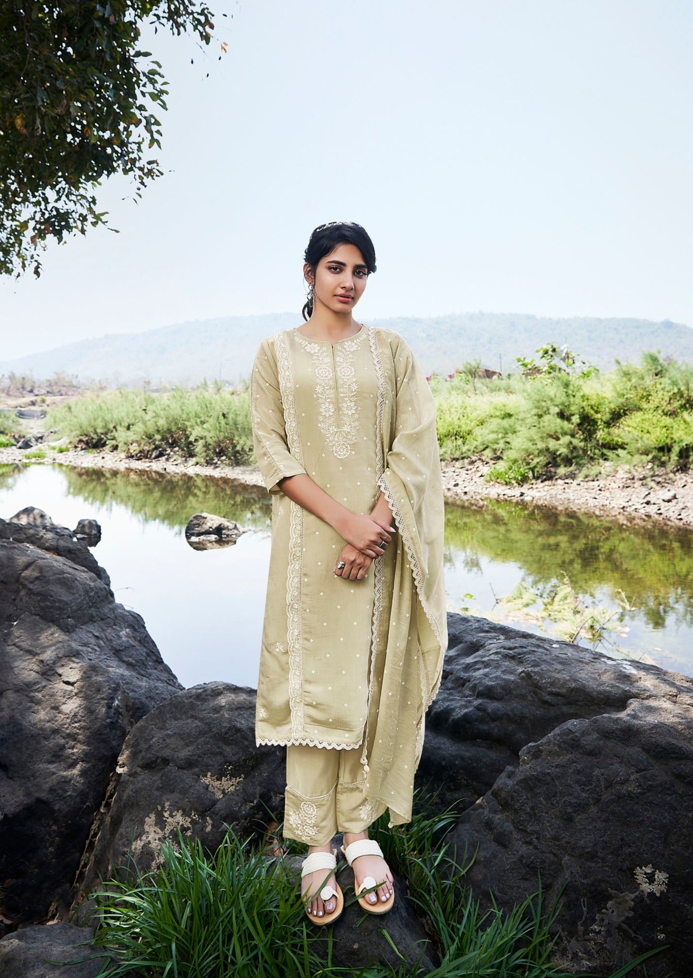 Sage Chikankari Kurta Set-fourbuttons-in