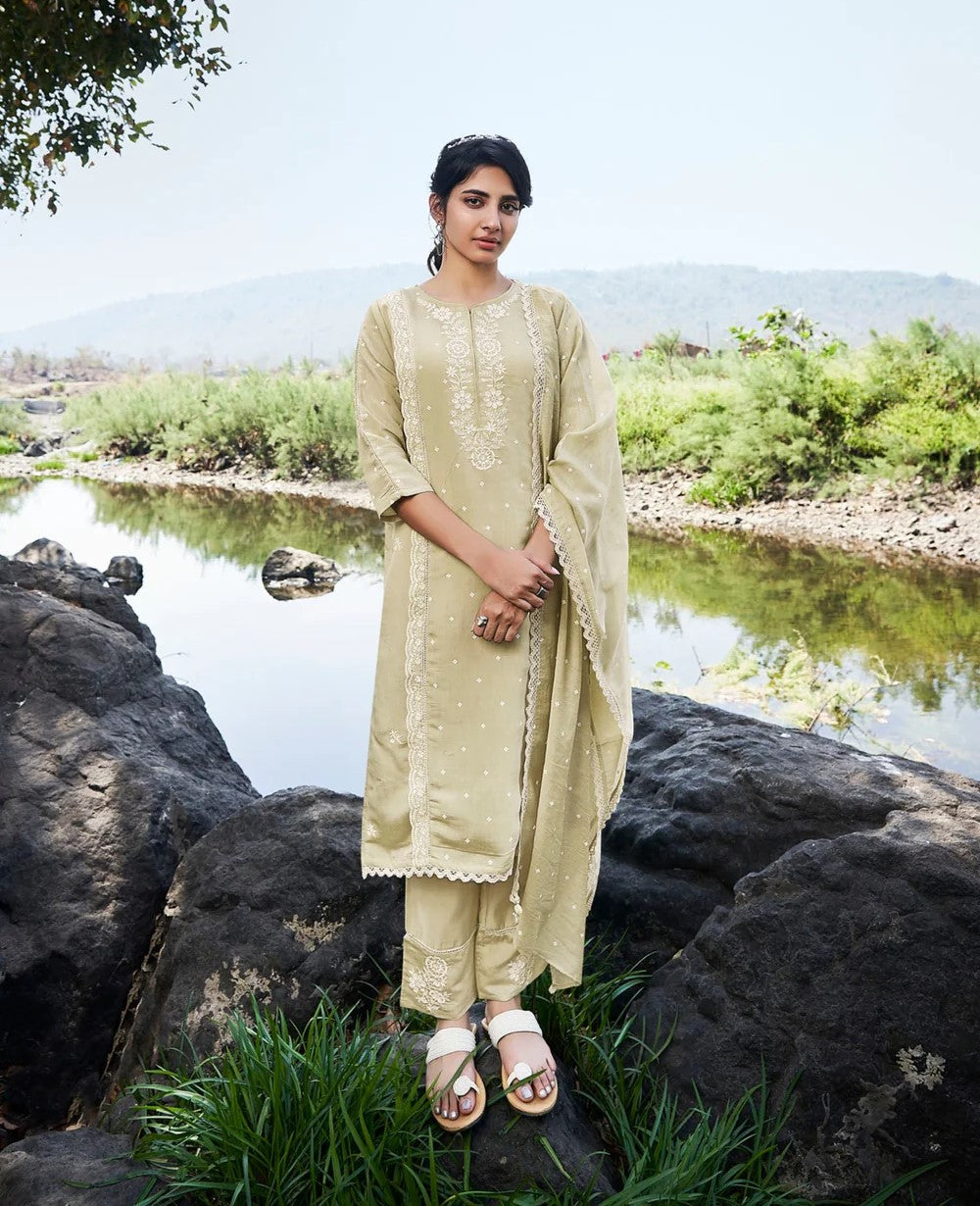 Sage Chikankari Kurta Set-fourbuttons-in