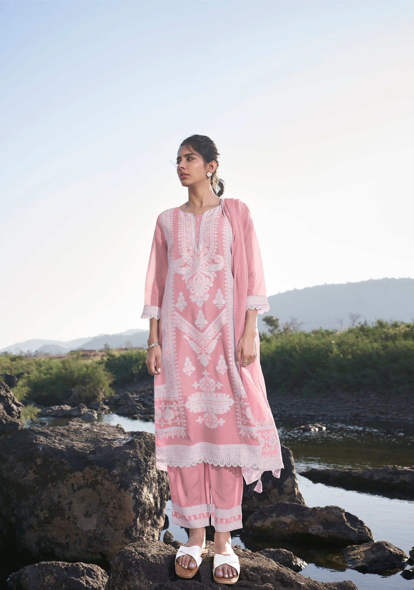 Salmon Stained Woven Kurta Set-fourbuttons-in