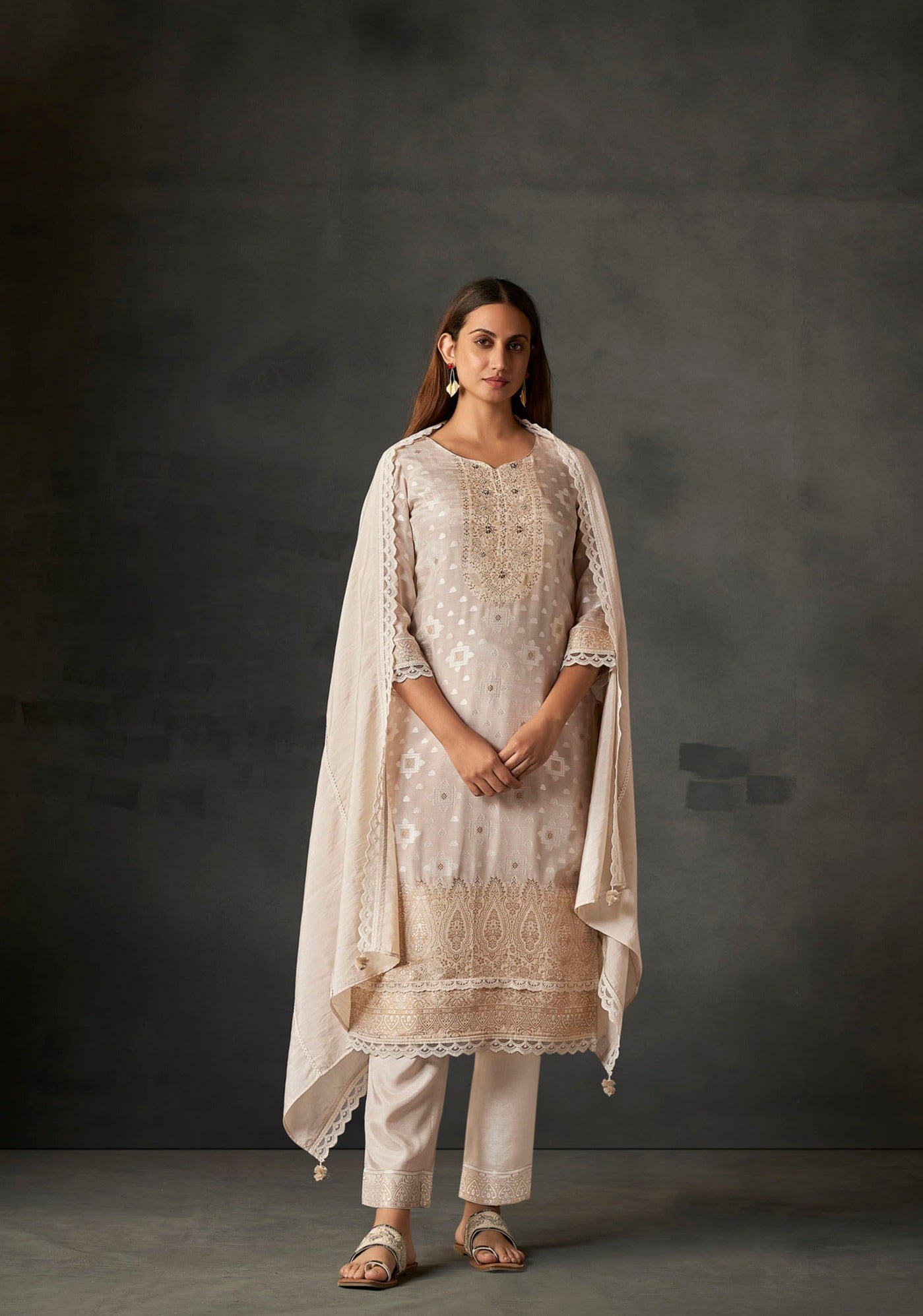 Sand Charm White Woven Silk Kurta Set-fourbuttons-in