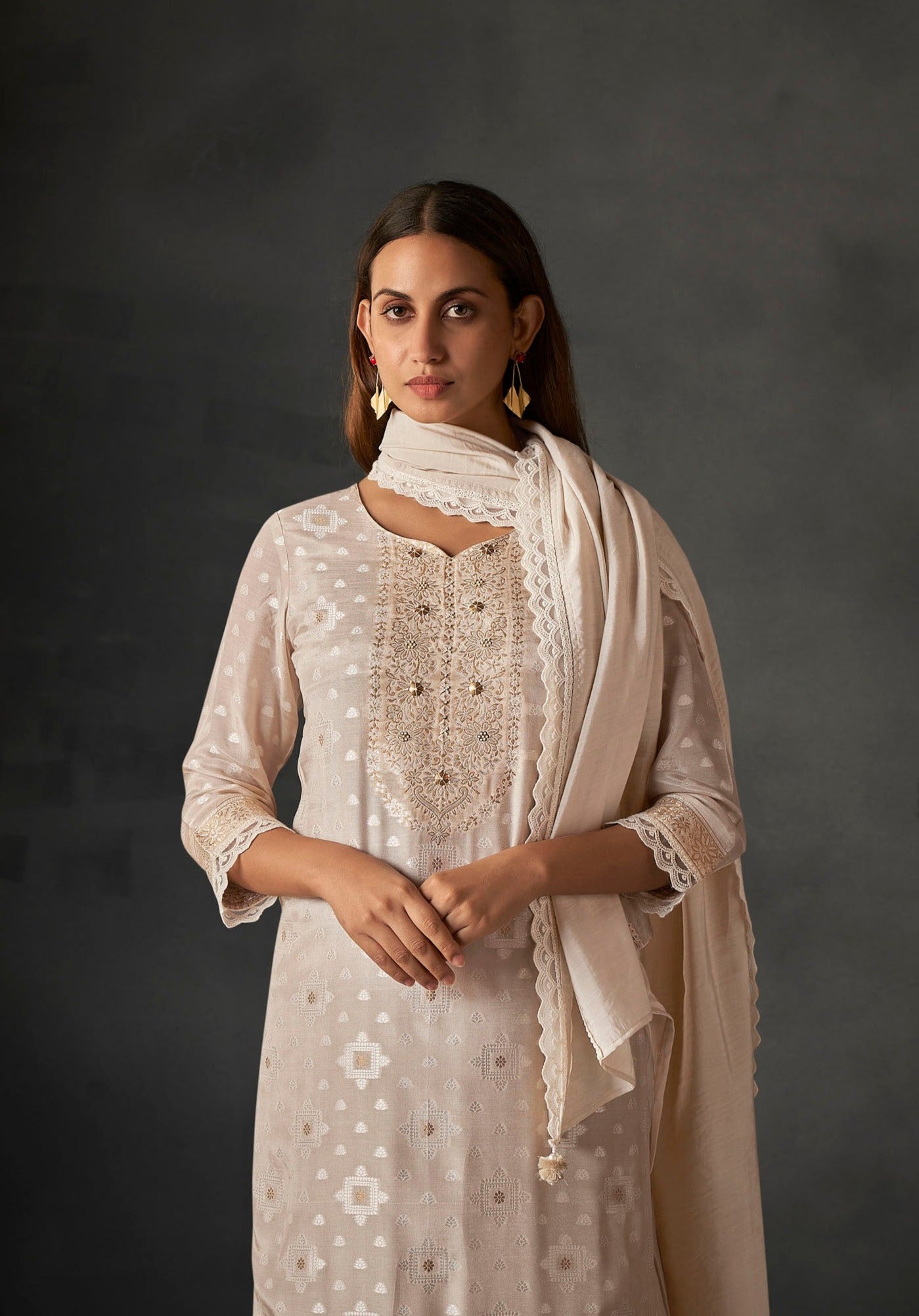 Sand Charm White Woven Silk Kurta Set-fourbuttons-in