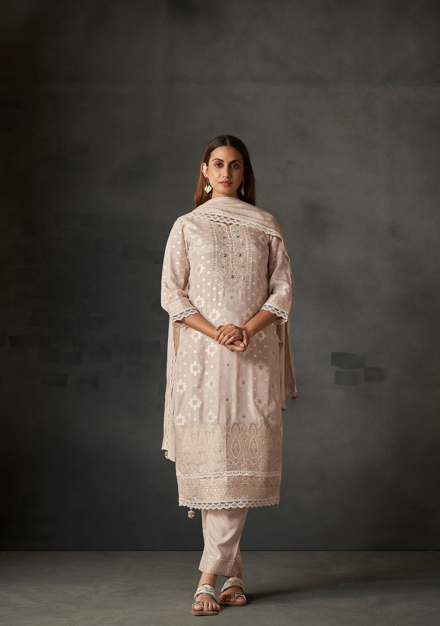 Sand Charm White Woven Silk Kurta Set-fourbuttons-in