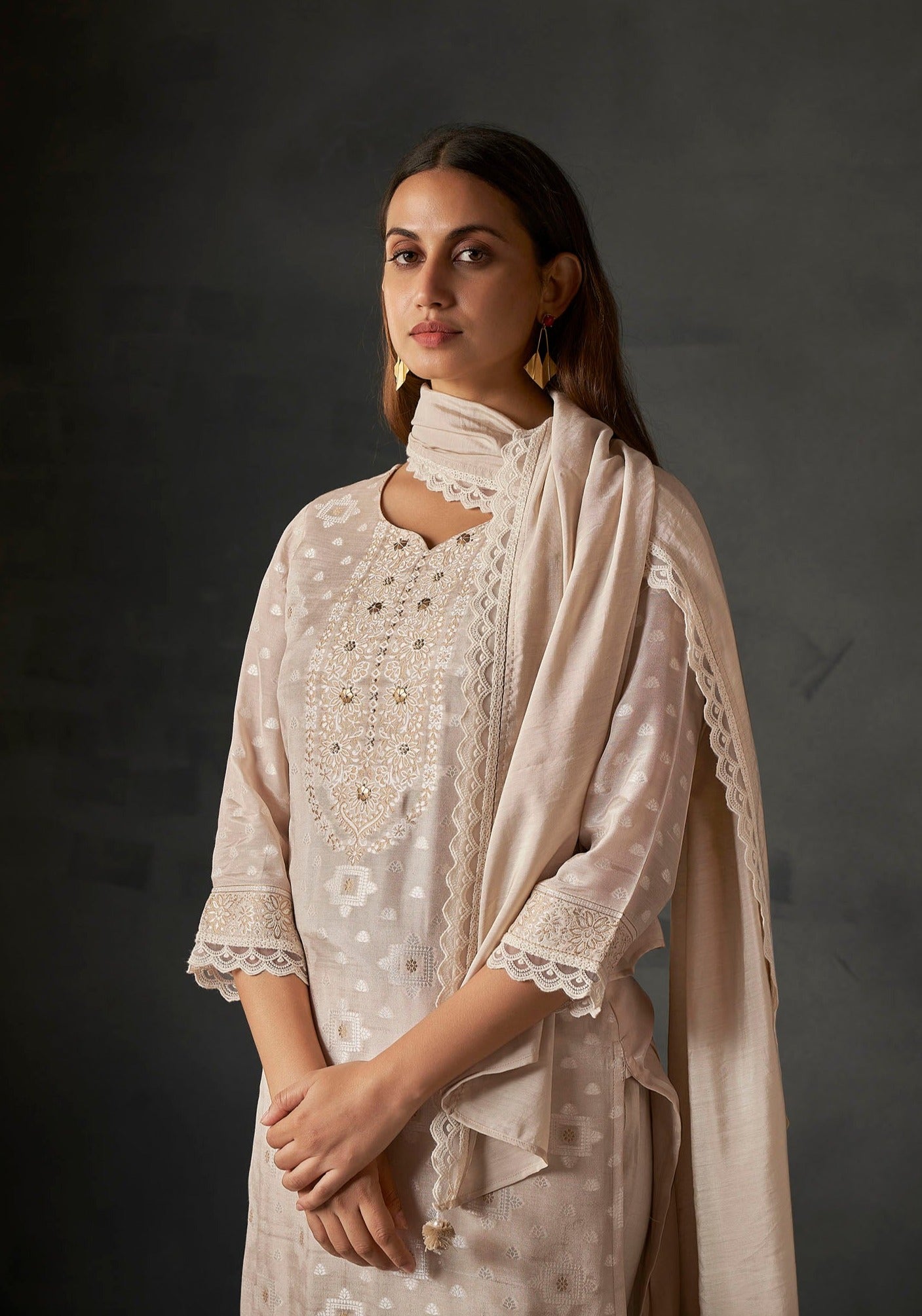 Sand Charm White Woven Silk Kurta Set-fourbuttons-in