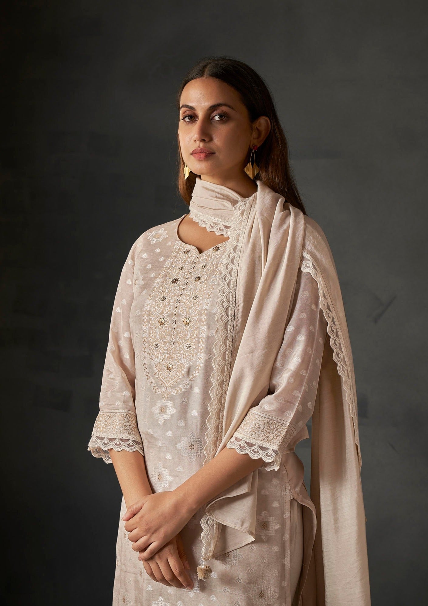 Sand Charm White Woven Silk Kurta Set-fourbuttons-in