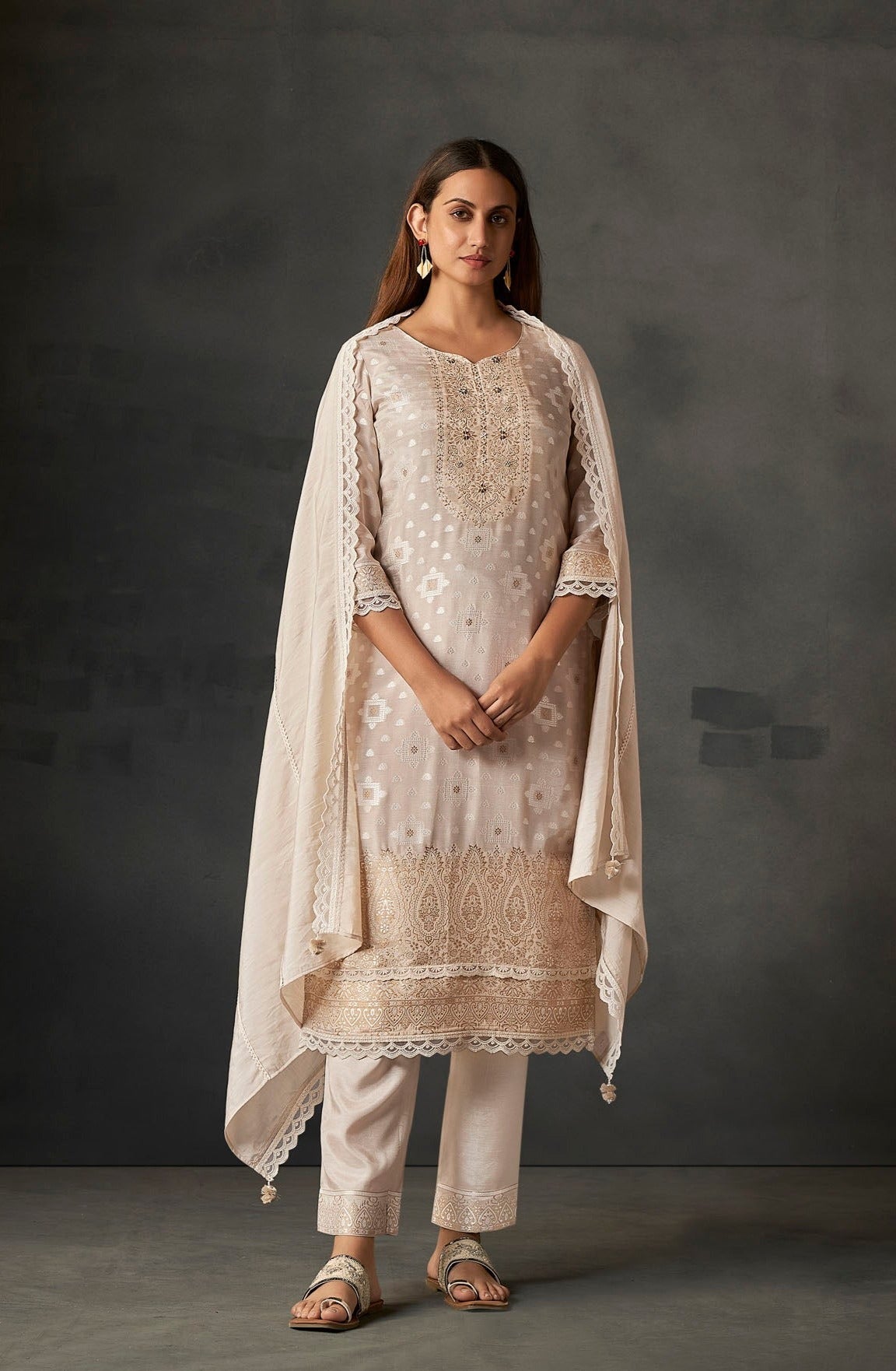 Sand Charm White Woven Silk Kurta Set-fourbuttons-in