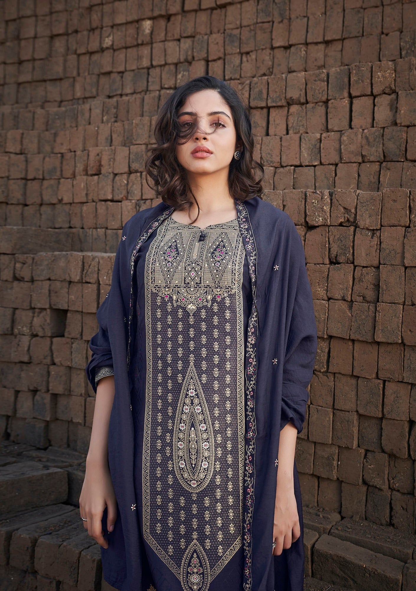 Sapphire Serenity Woven Silk Kurta Set-fourbuttons-in