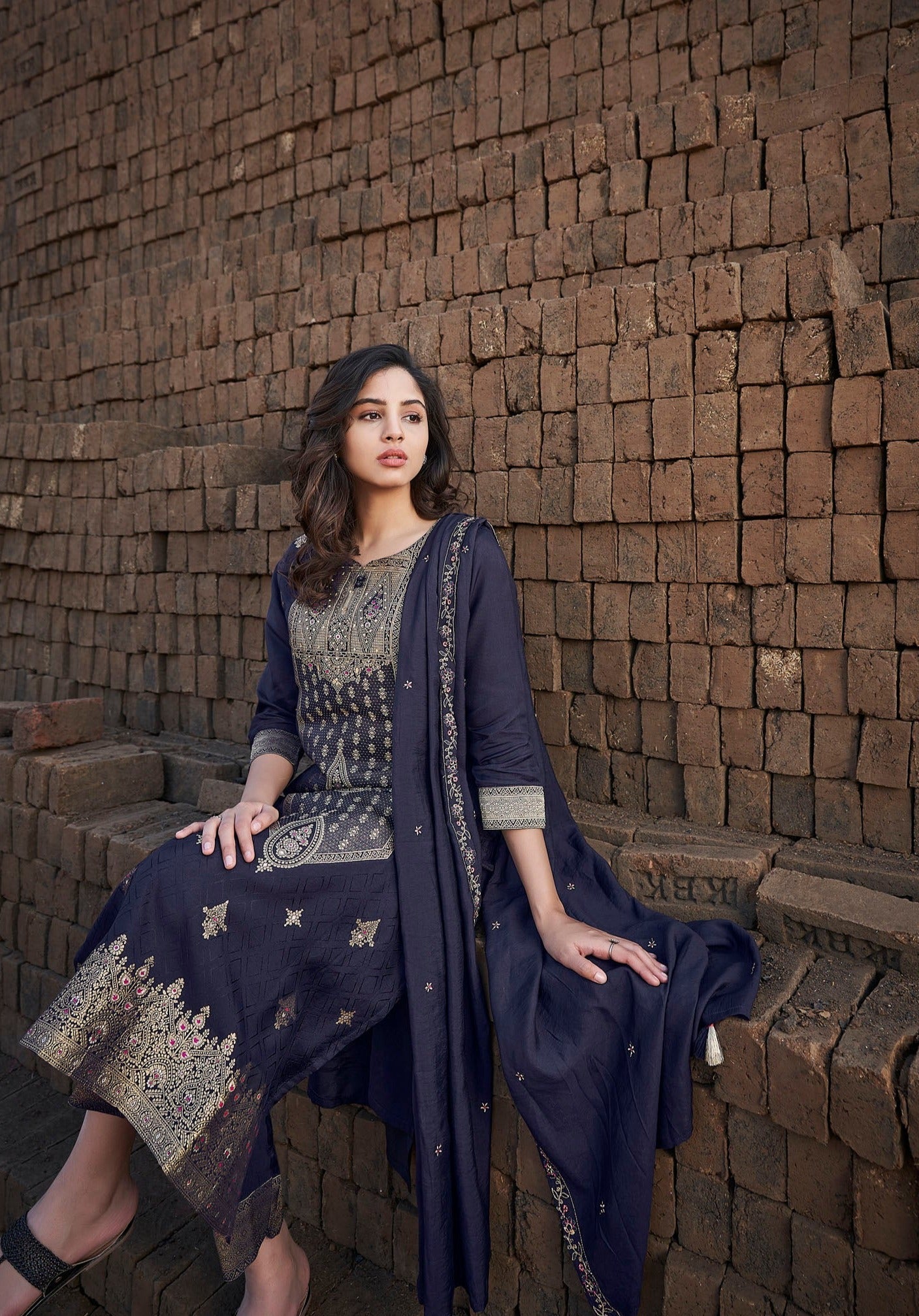 Sapphire Serenity Woven Silk Kurta Set-fourbuttons-in