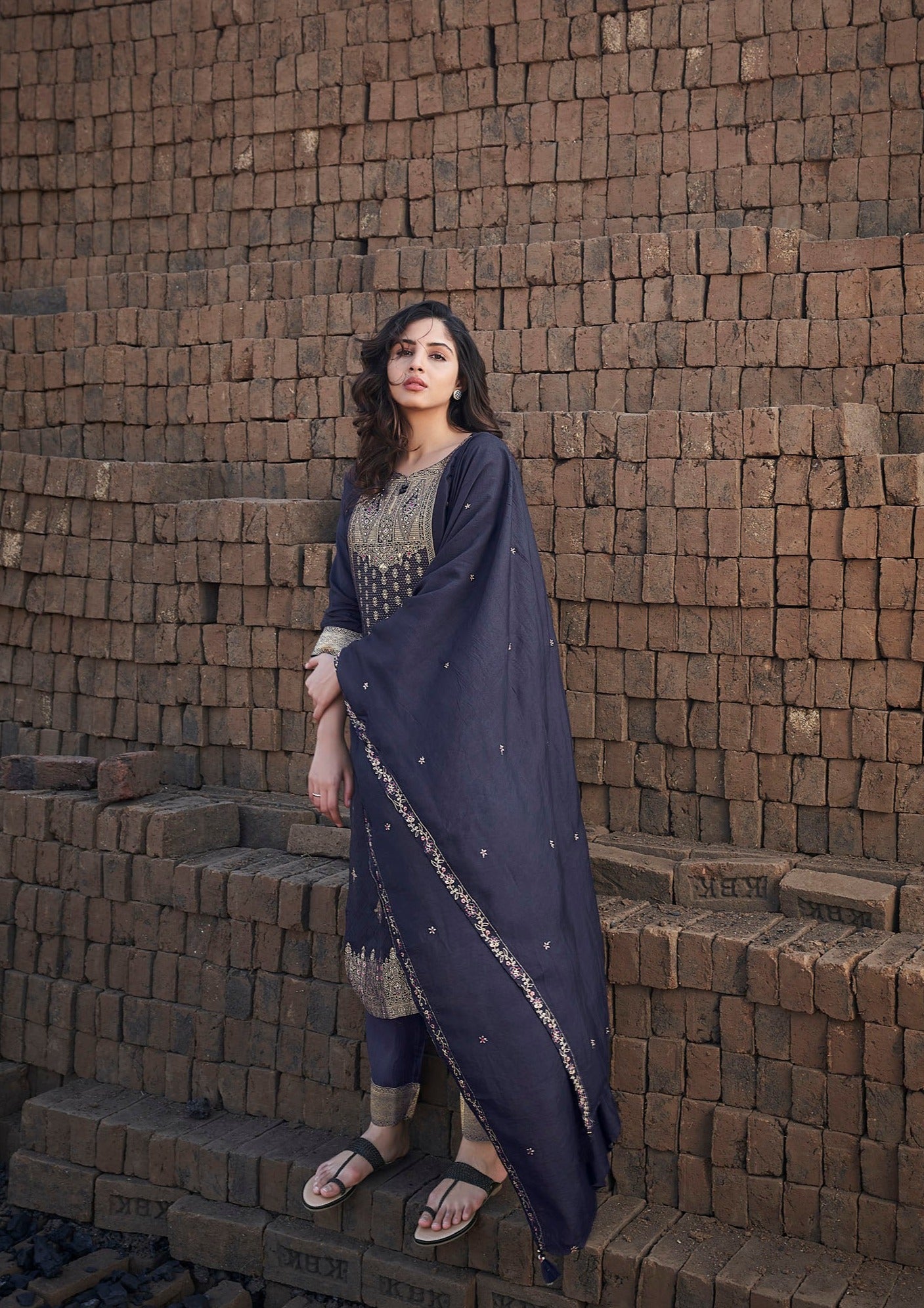 Sapphire Serenity Woven Silk Kurta Set-fourbuttons-in