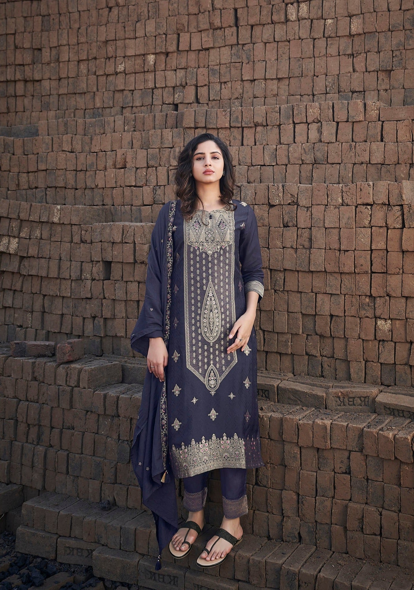 Sapphire Serenity Woven Silk Kurta Set-fourbuttons-in