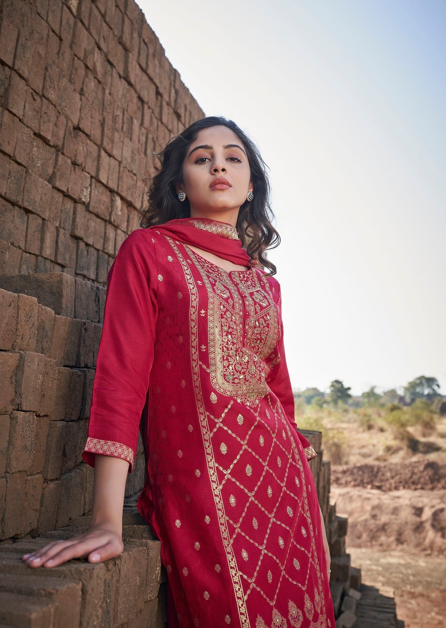 Scarlet Spark Red Woven Silk Kurta Set-fourbuttons-in