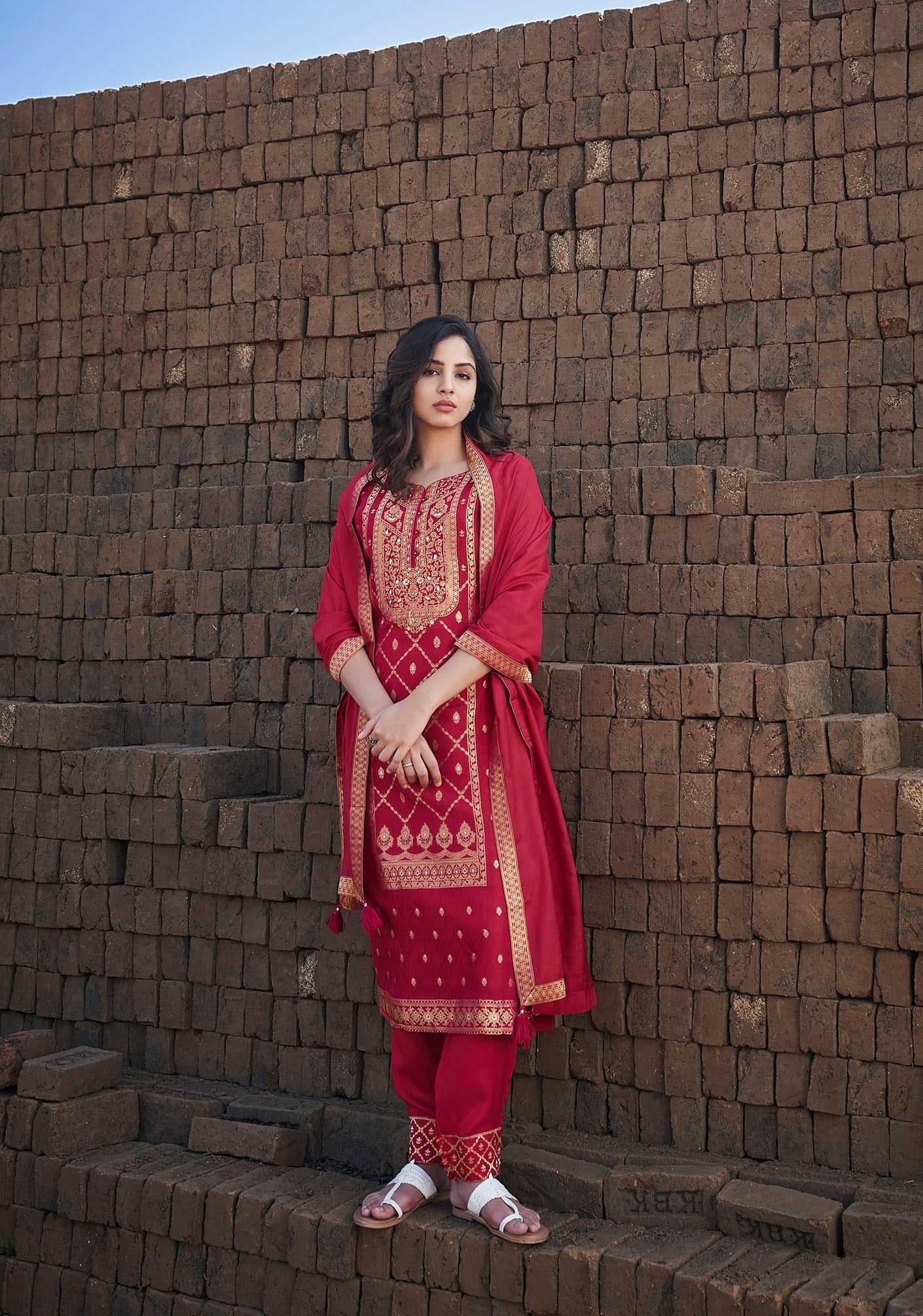 Scarlet Spark Red Woven Silk Kurta Set-fourbuttons-in