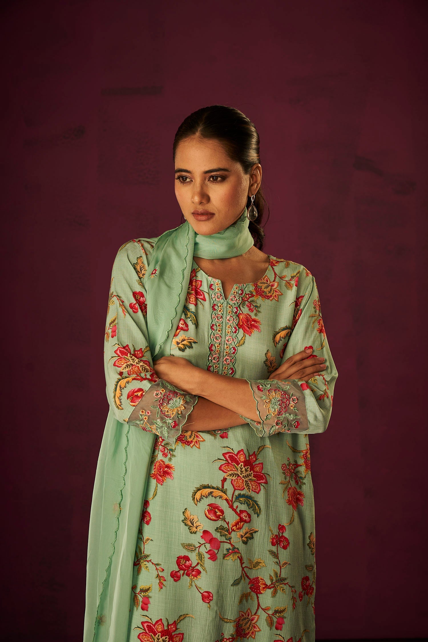 Sea Green and Bloody red Digital Kurta Set