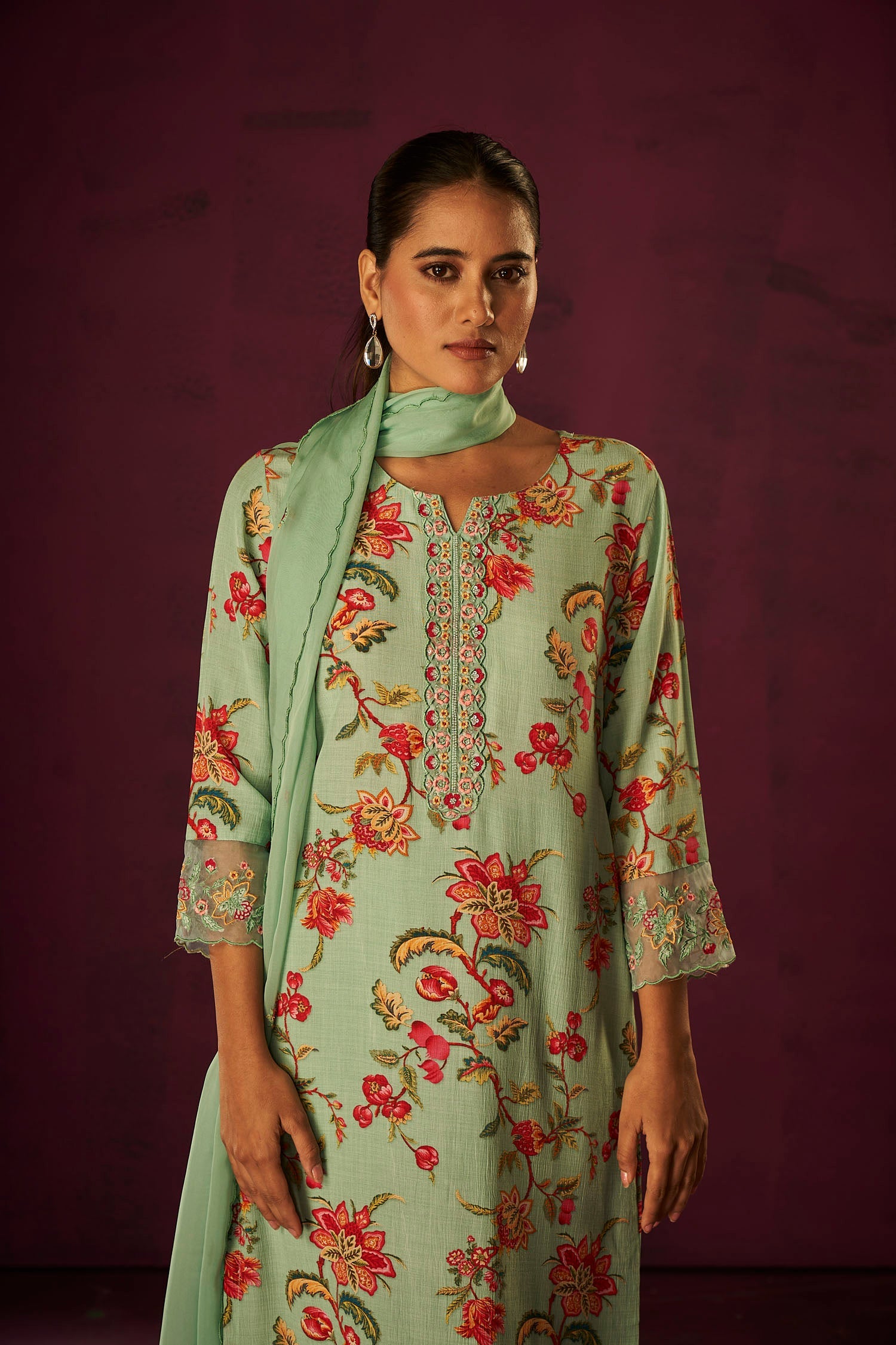 Sea Green and Bloody red Digital Kurta Set