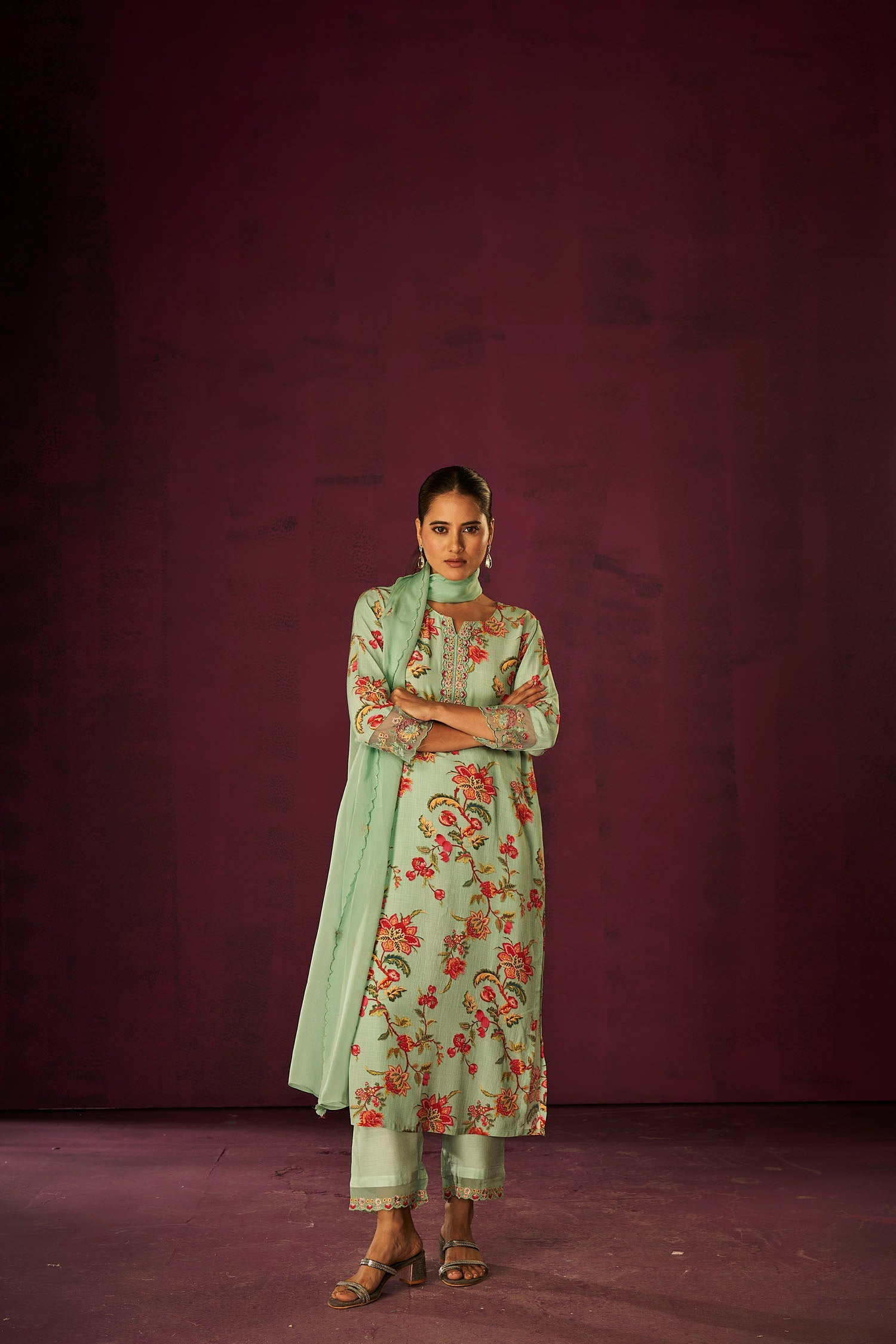 Sea Green and Bloody red Digital Kurta Set