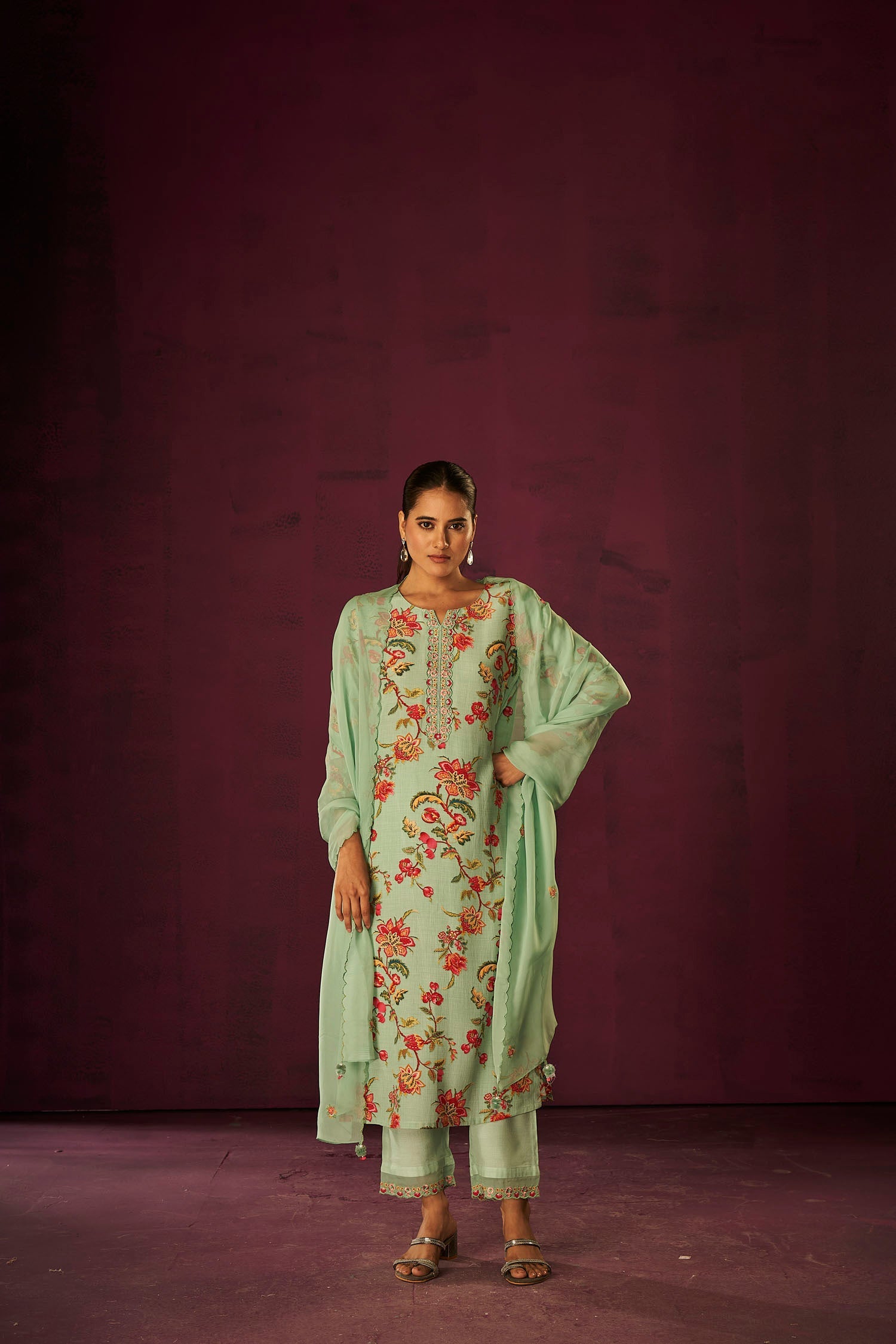 Sea Green and Bloody red Digital Kurta Set