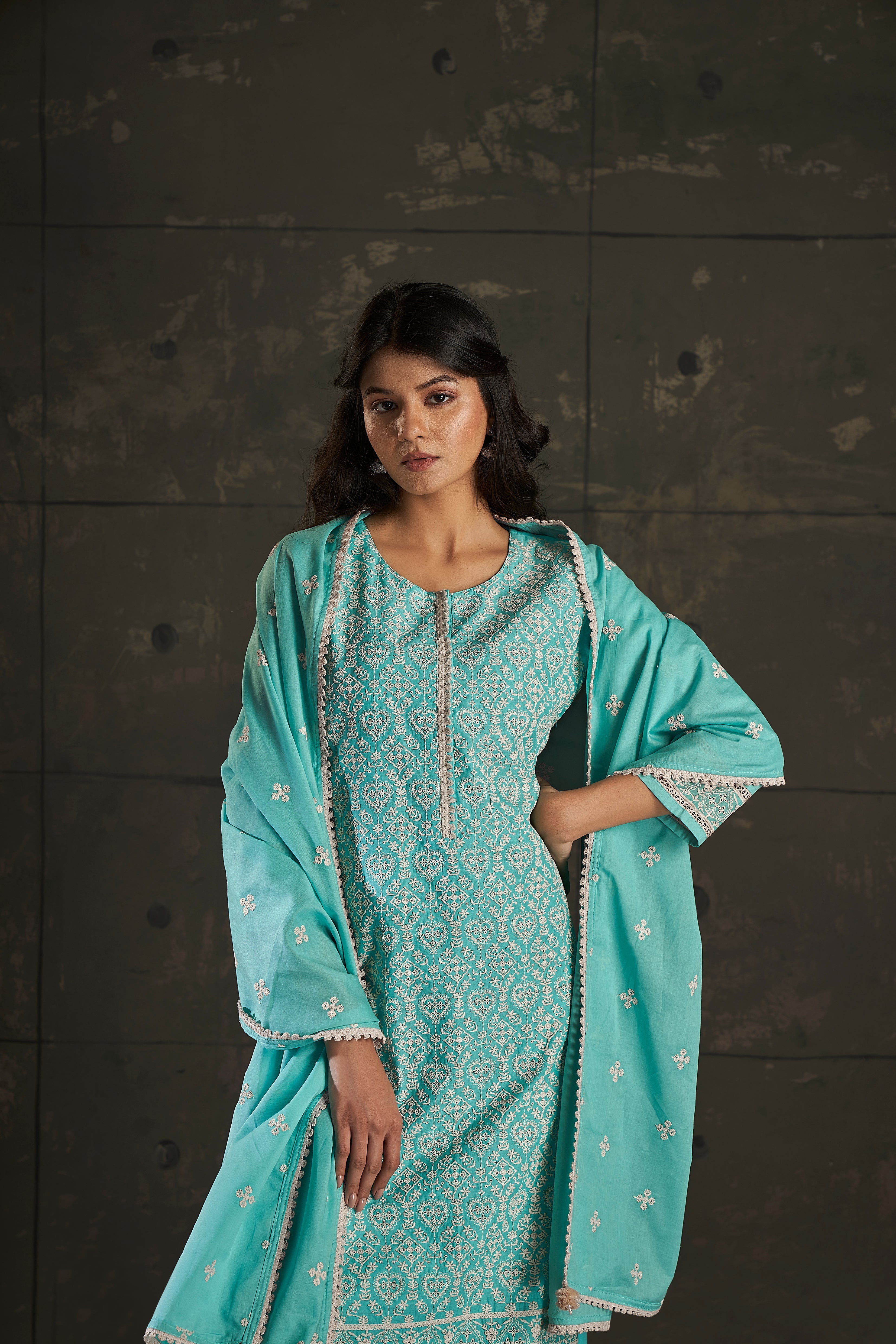 Sea Green Cotton Chikankari Kurta Set-fourbuttons-in