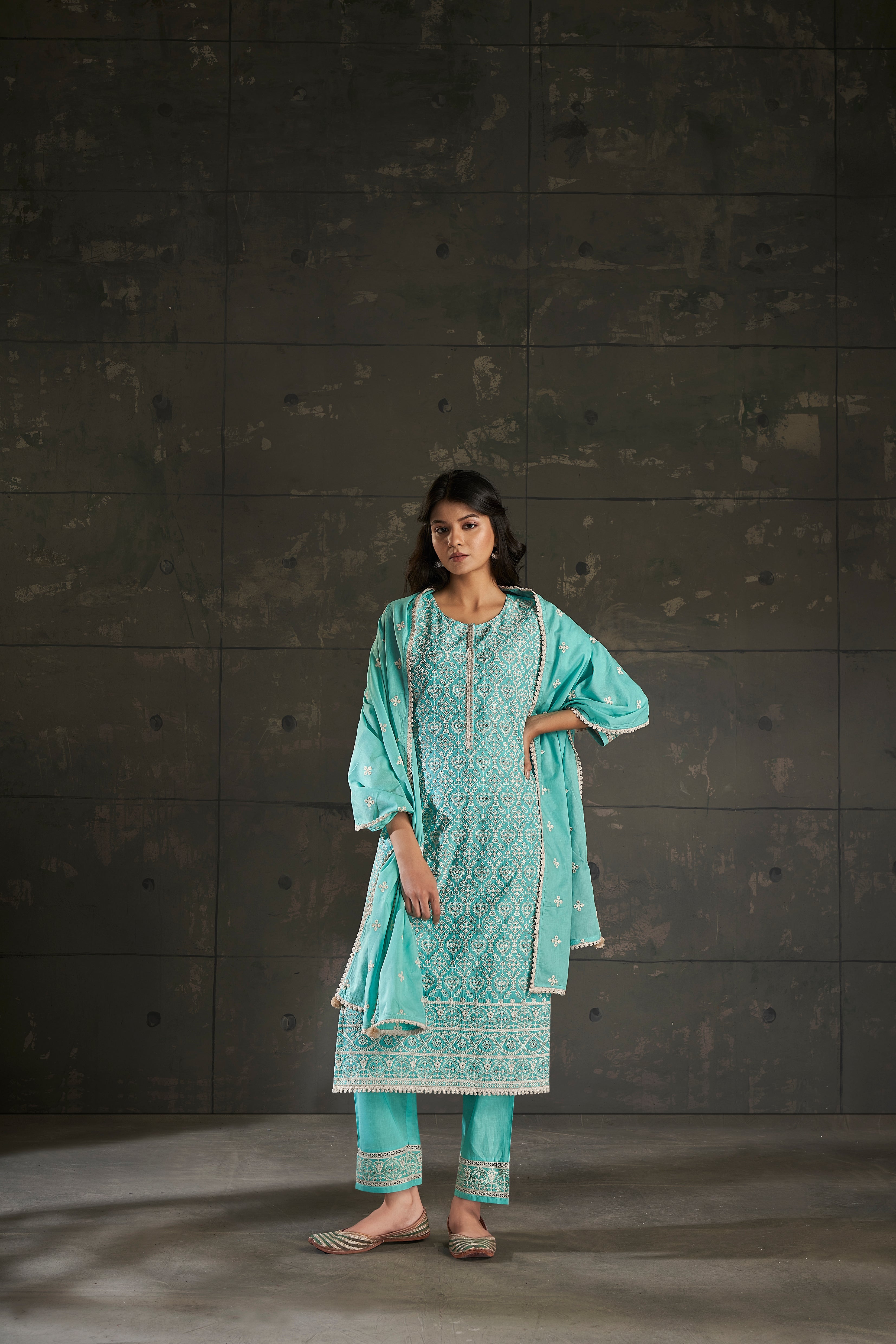 Sea Green Cotton Chikankari Kurta Set-fourbuttons-in