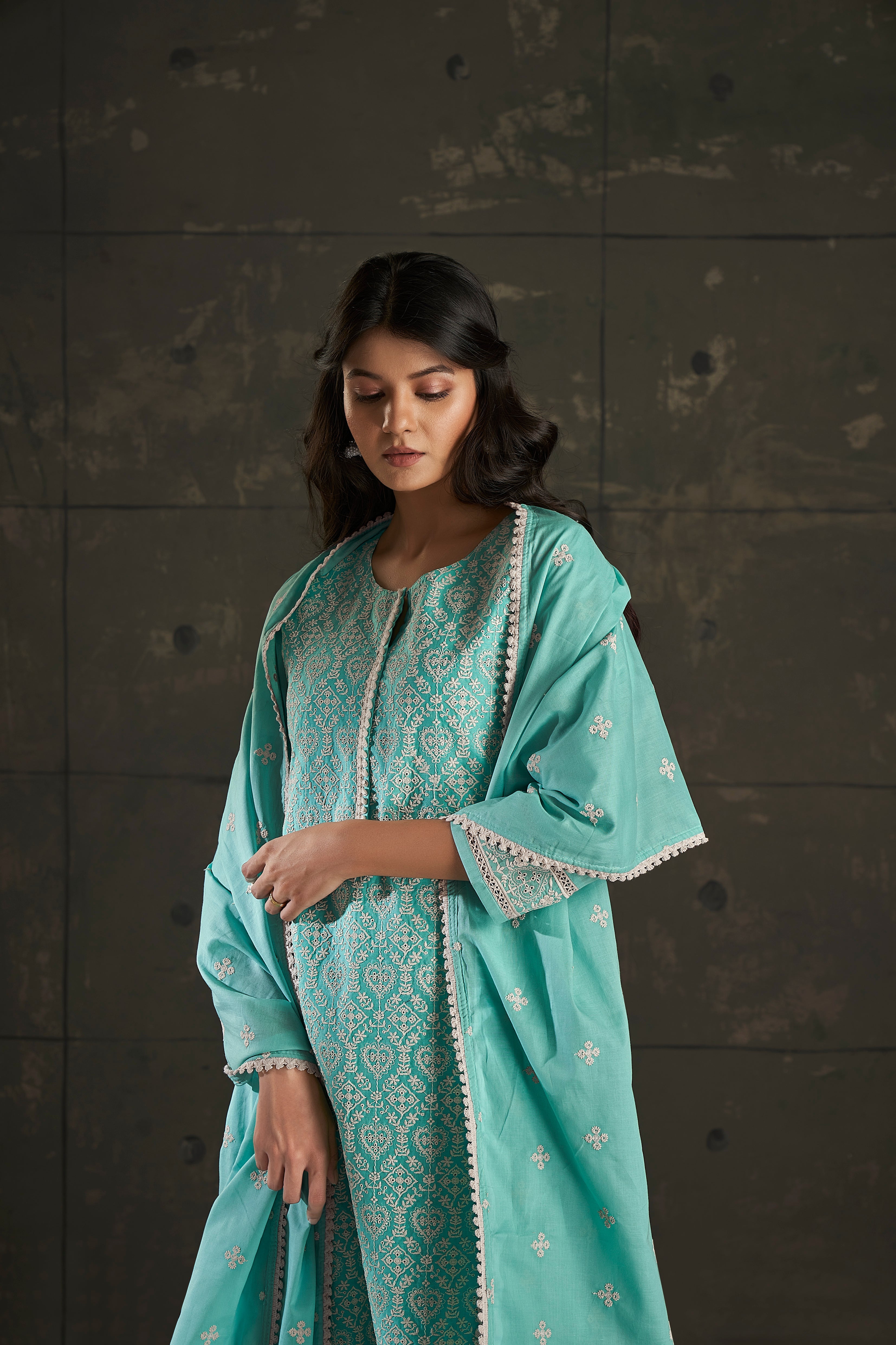 Sea Green Cotton Chikankari Kurta Set-fourbuttons-in