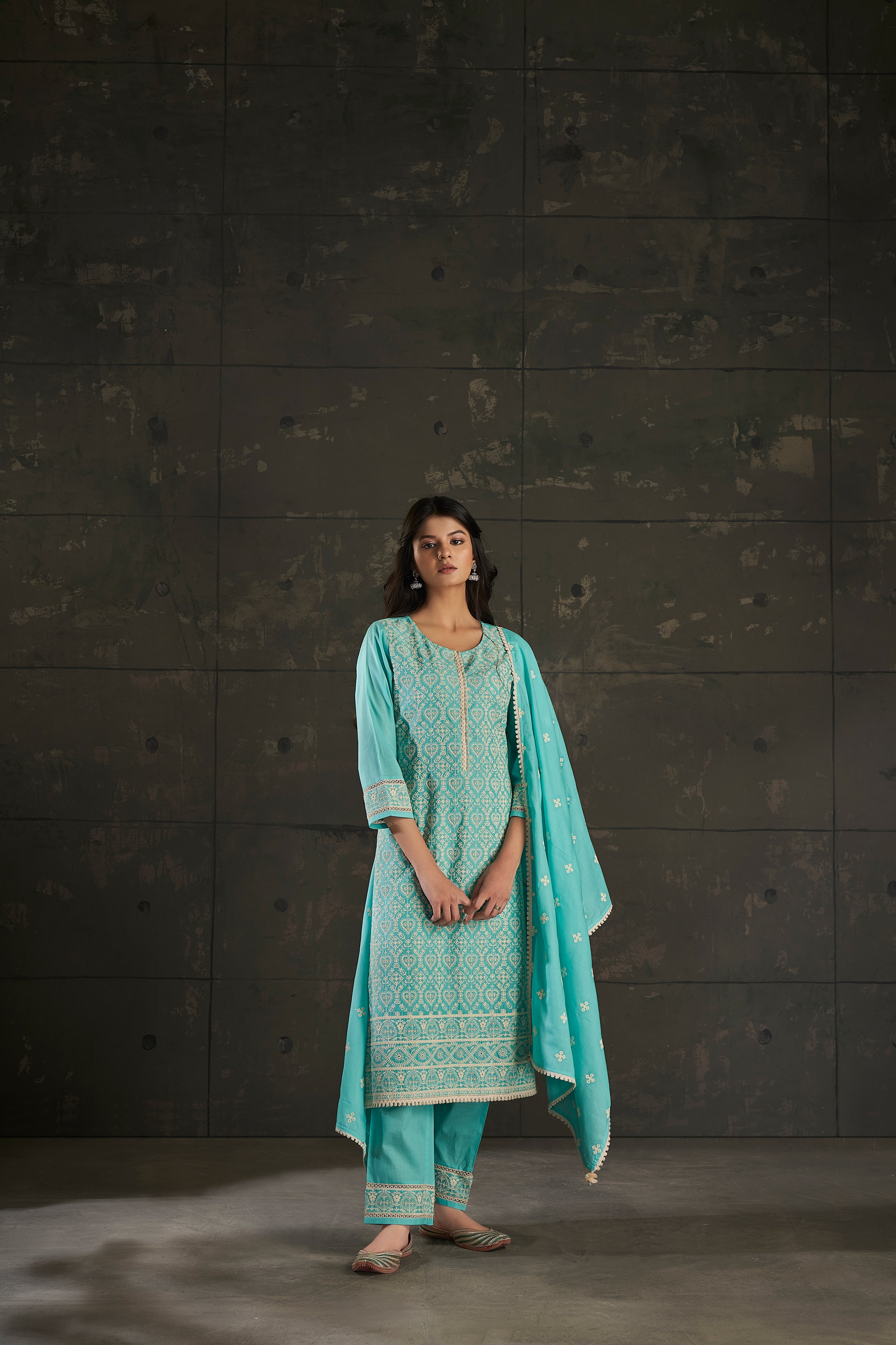 Sea Green Cotton Chikankari Kurta Set-fourbuttons-in