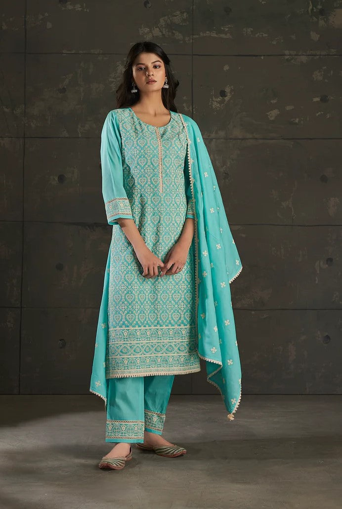 Sea Green Cotton Chikankari Kurta Set-fourbuttons-in