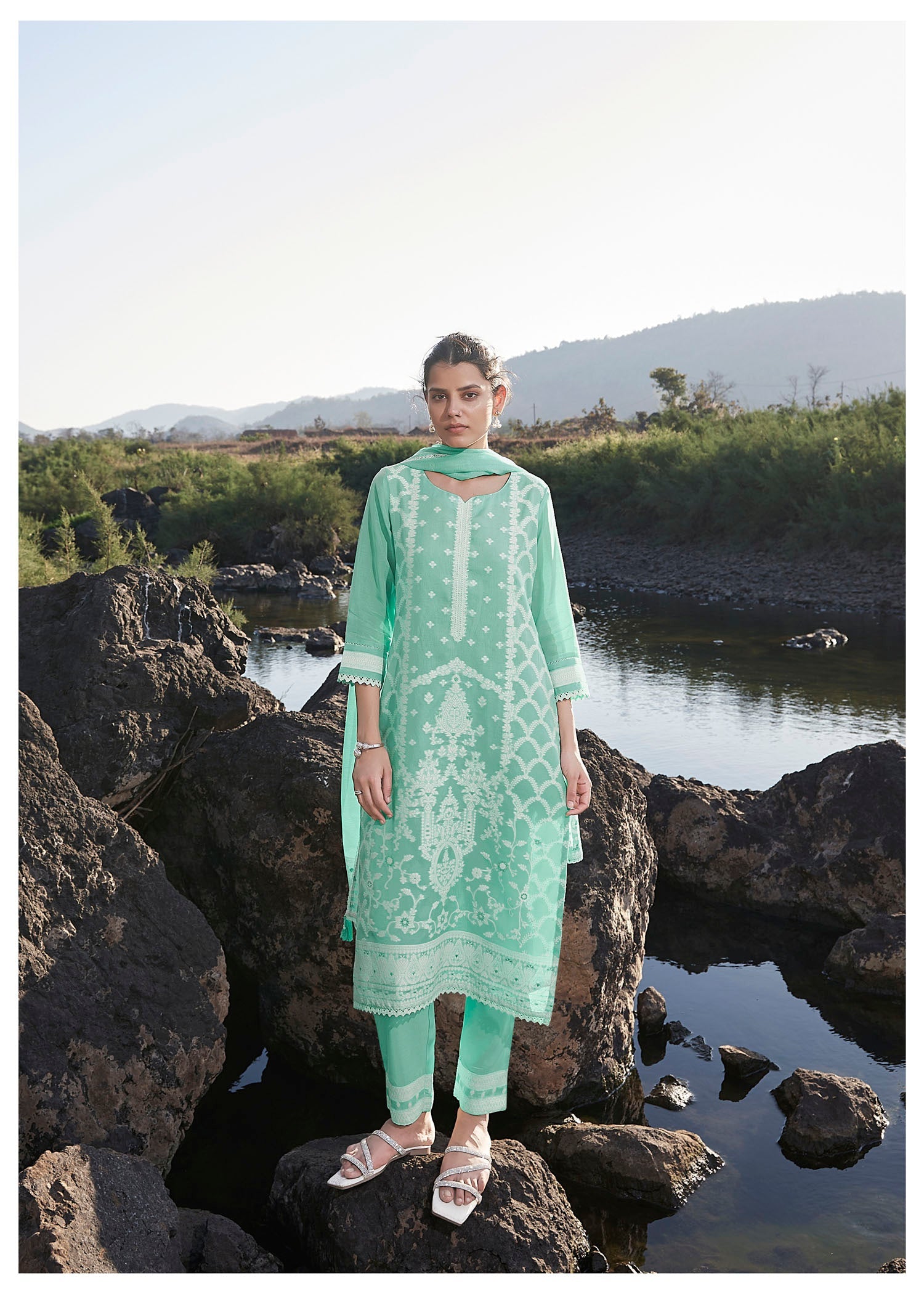 Serene Aqua Chanderi  Kurta Set