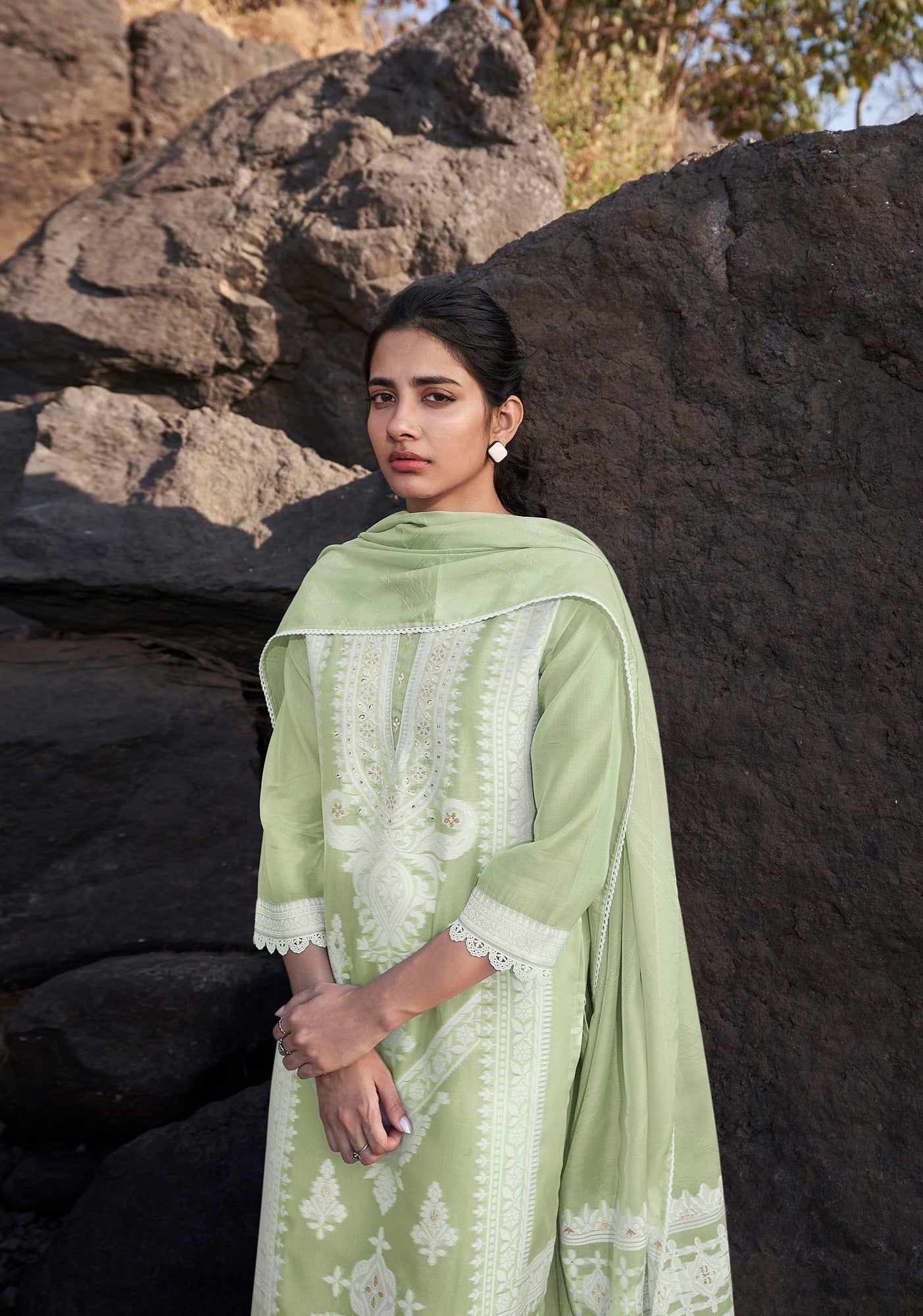 Serene Green Saturated Woven Silk Kurta Set-fourbuttons-in