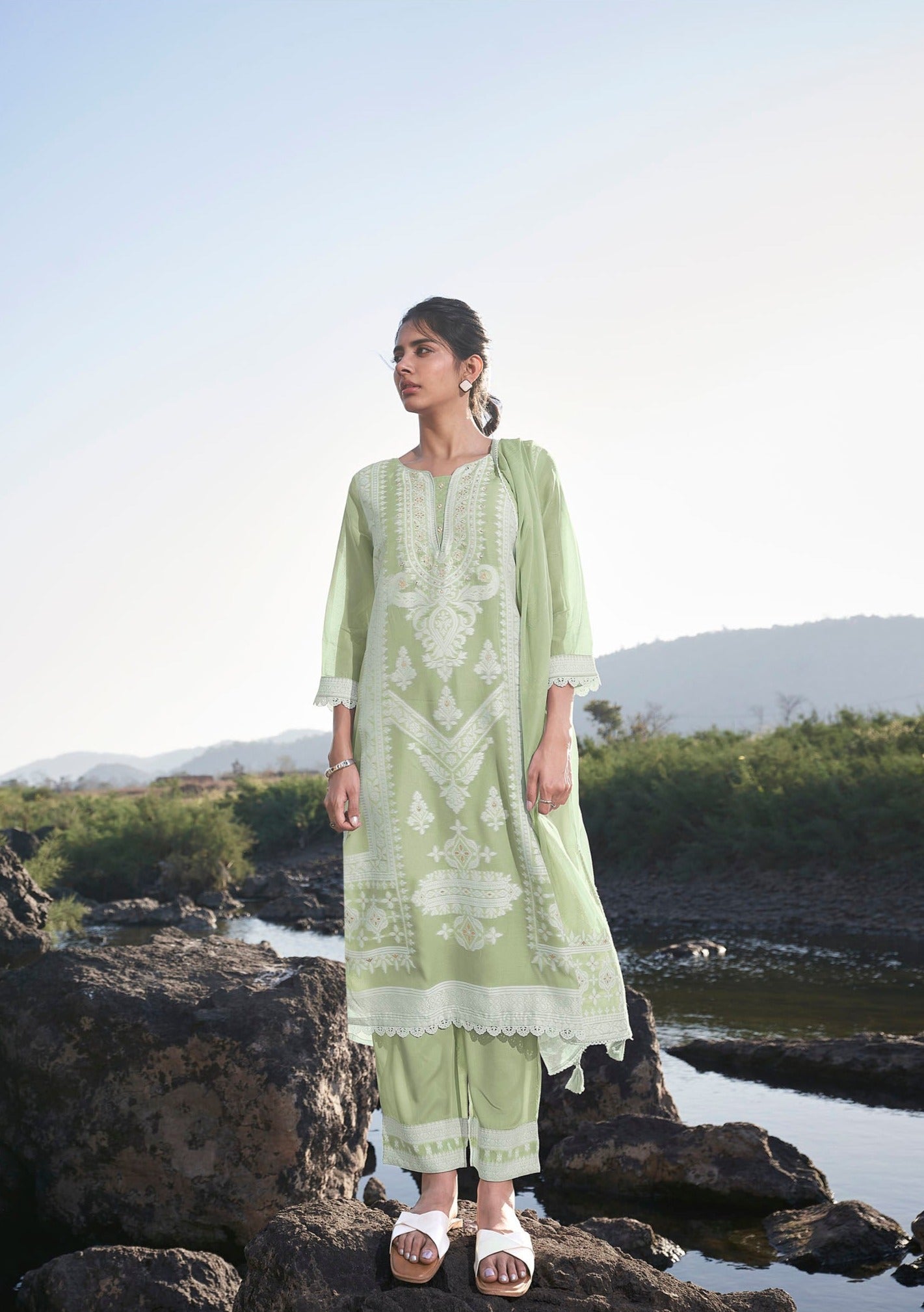 Serene Green Saturated Woven Silk Kurta Set-fourbuttons-in