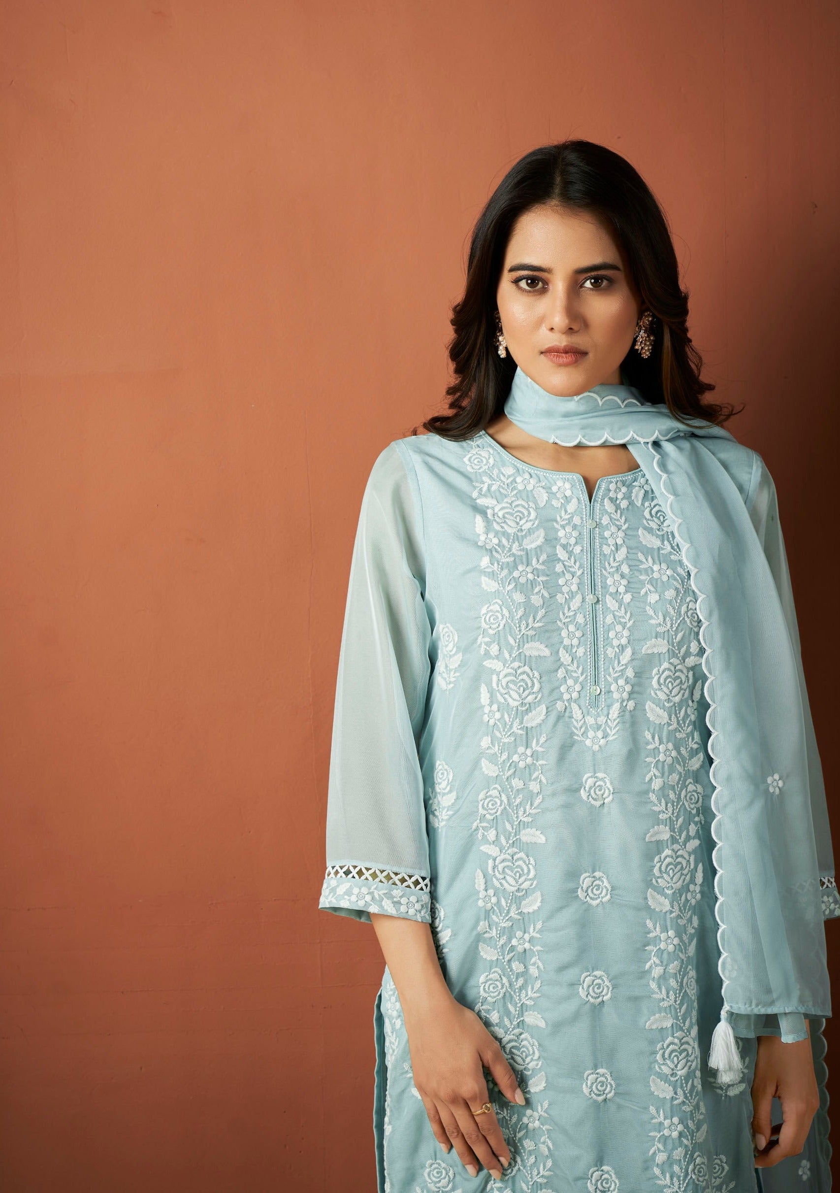 Sky Blue Organza Chikankari Kurta Set-fourbuttons-in