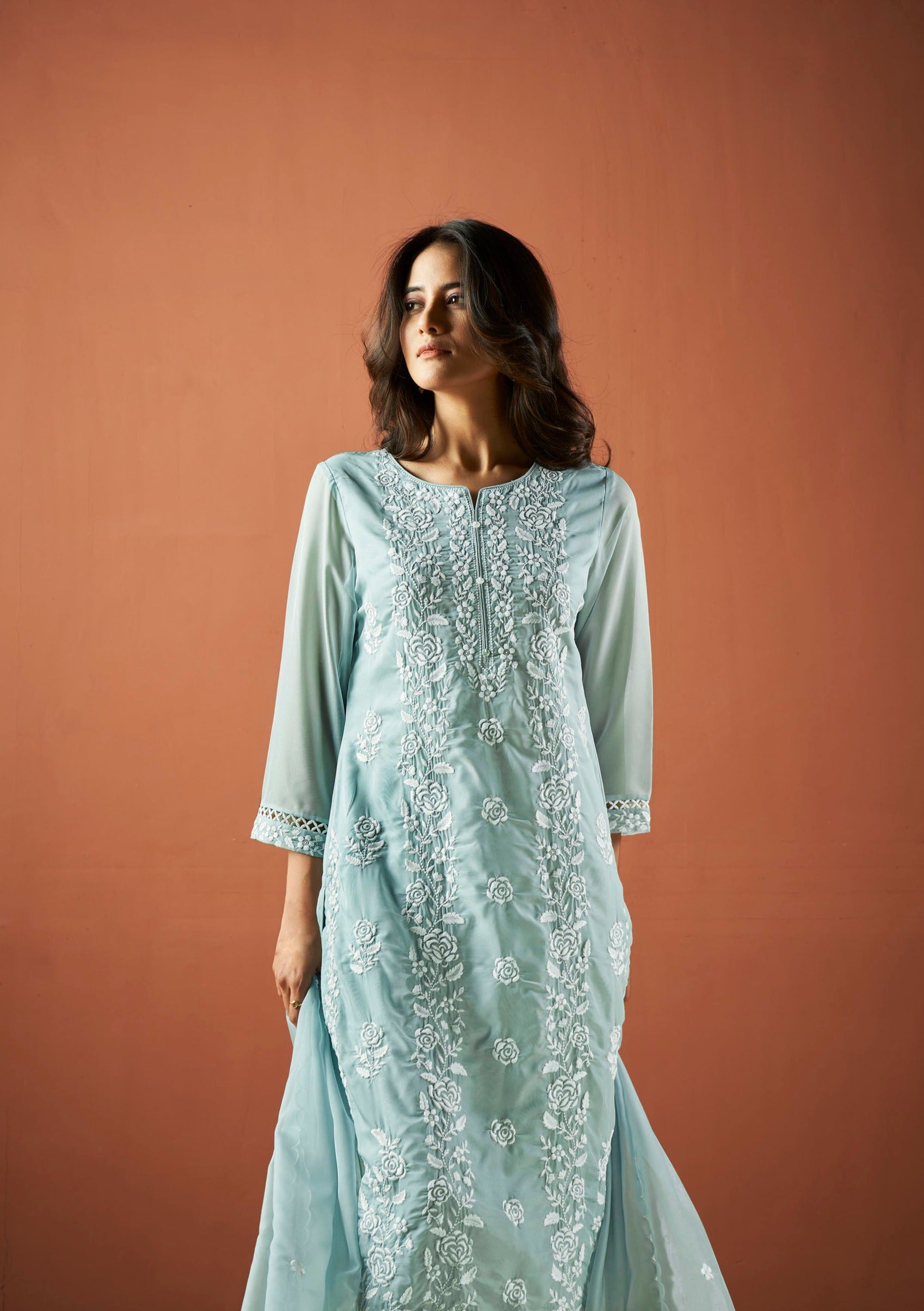 Sky Blue Organza Chikankari Kurta Set-fourbuttons-in