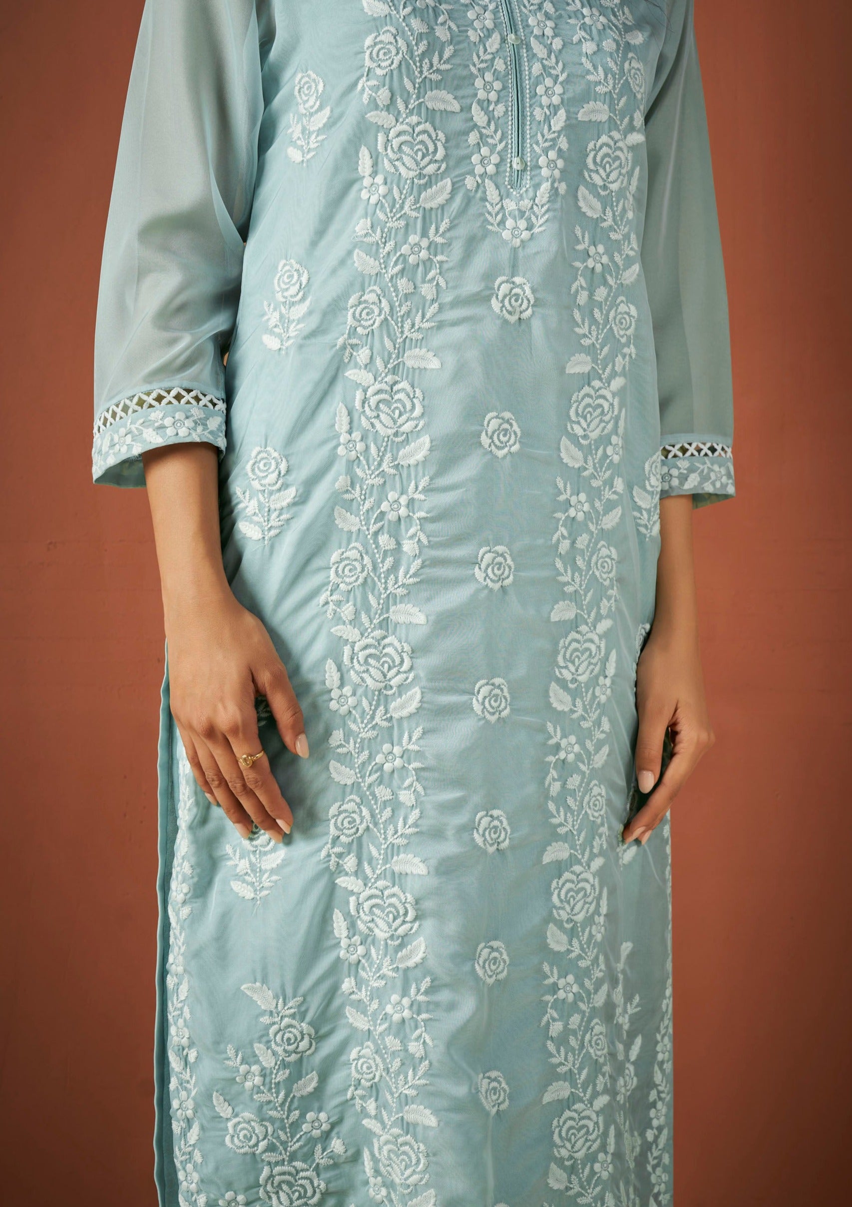 Sky Blue Organza Chikankari Kurta Set-fourbuttons-in