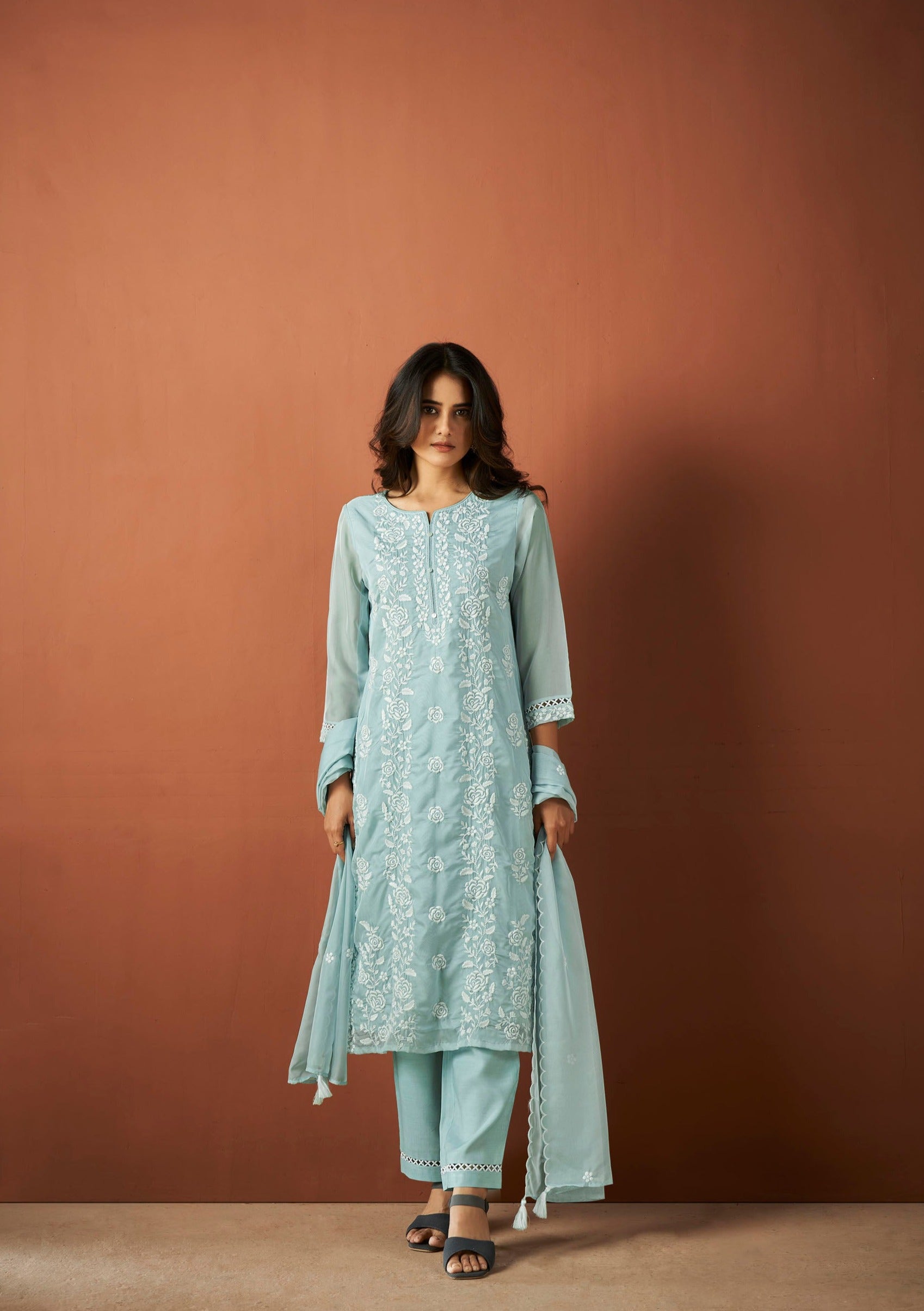 Sky Blue Organza Chikankari Kurta Set-fourbuttons-in