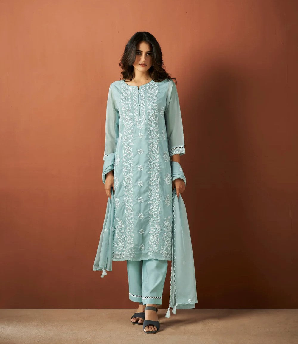 Sky Blue Organza Chikankari Kurta Set-fourbuttons-in