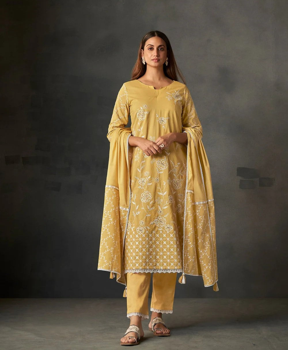 Sunny Delight Cambric Embroidery Kurta Set-fourbuttons-in