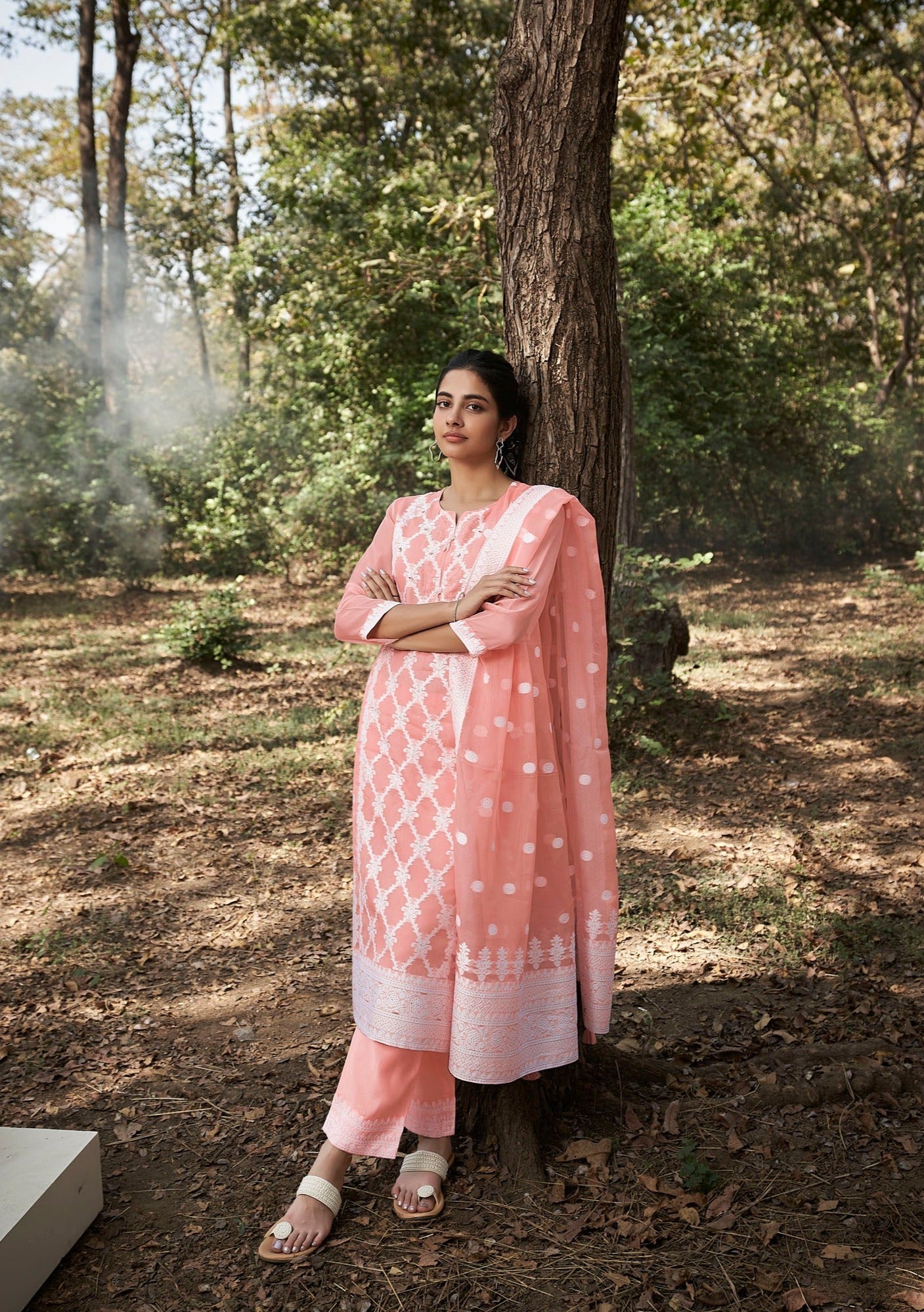 Sunset Orange Woven Silk Kurta Set-fourbuttons-in