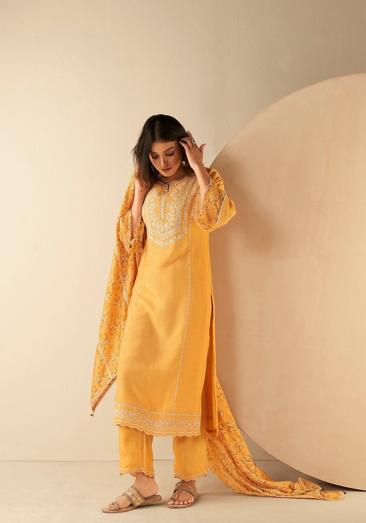 Sunshine Saffron Muslin Embroidery Kurta Set-fourbuttons-in