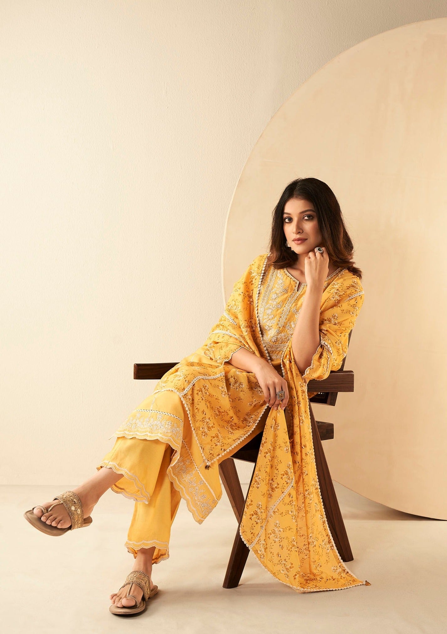 Sunshine Saffron Muslin Embroidery Kurta Set-fourbuttons-in