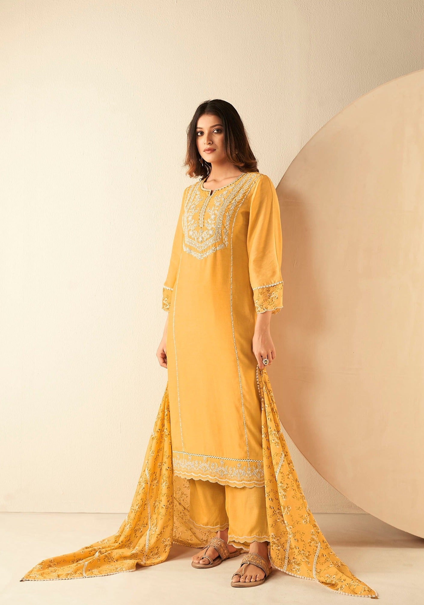 Sunshine Saffron Muslin Embroidery Kurta Set-fourbuttons-in