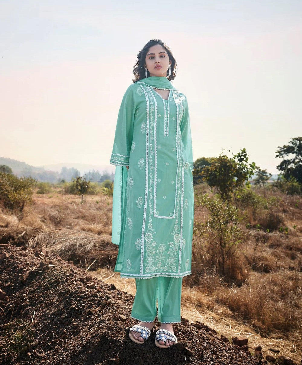 Turquoise Embroidery Elegance Kurta Set-fourbuttons-in