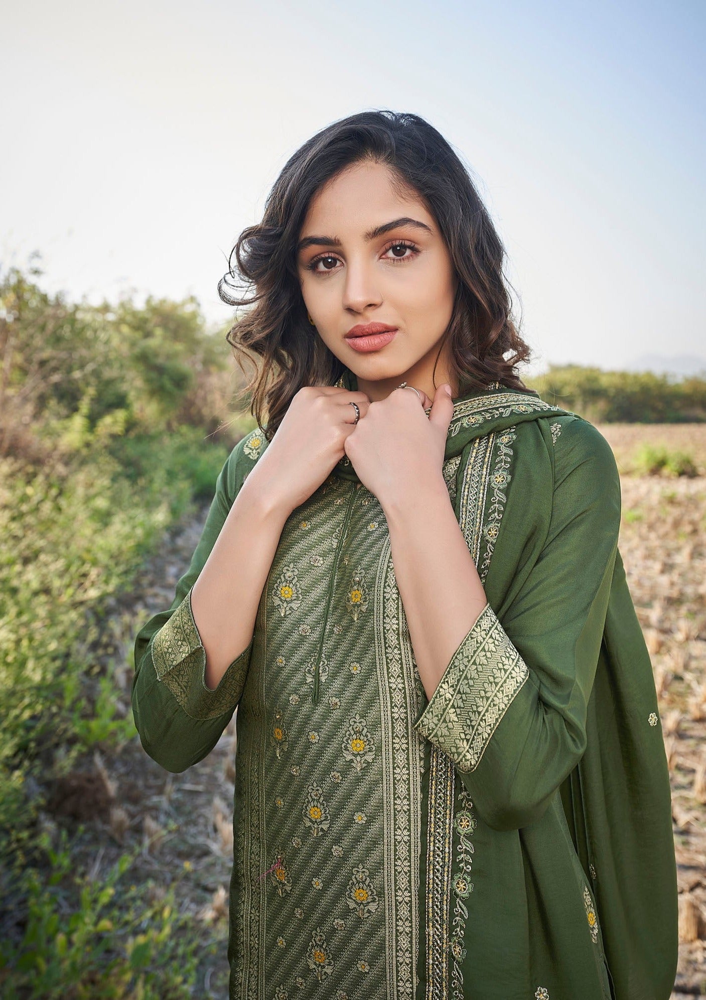 Verdant Vogue Emerald Woven Kurta Set-fourbuttons-in