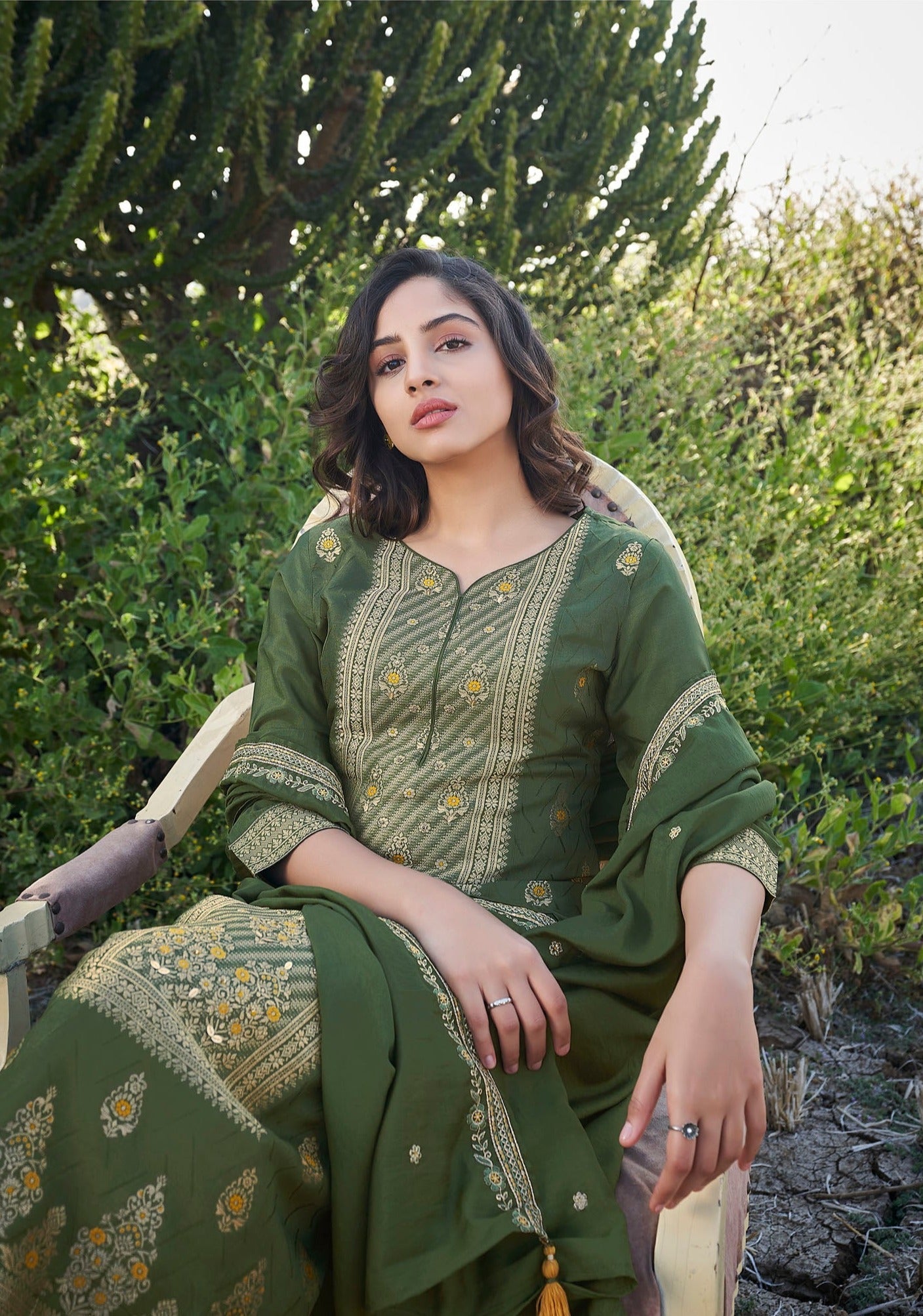 Verdant Vogue Emerald Woven Kurta Set-fourbuttons-in