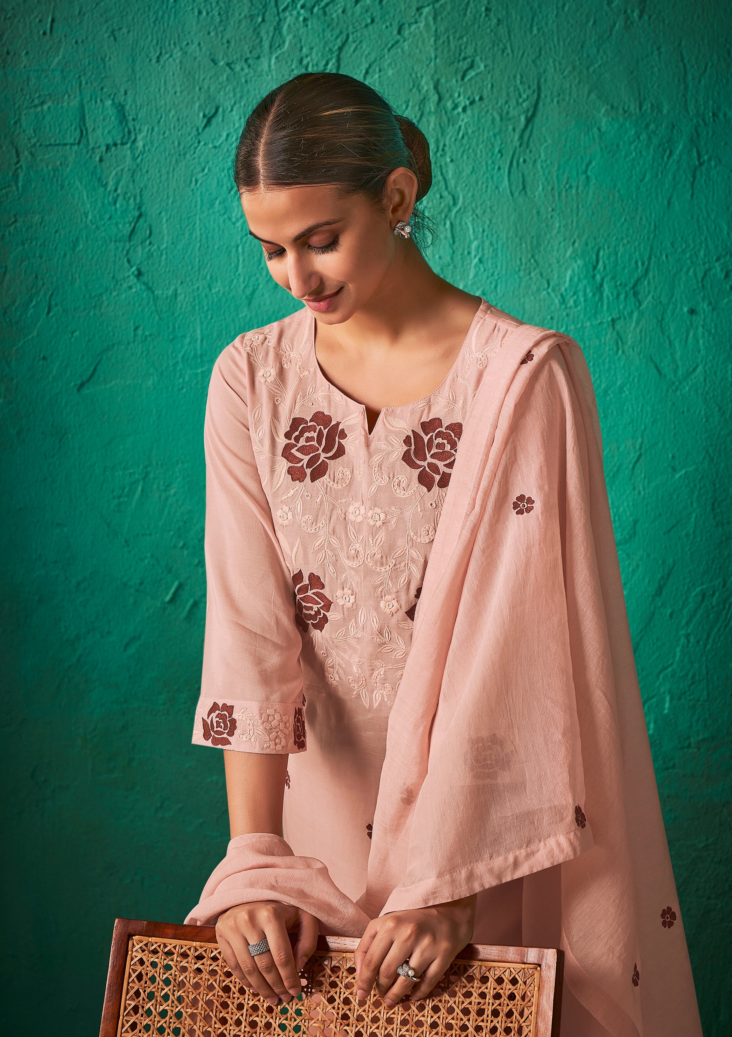 Wine Big Flower Chanderi Kurta Set-fourbuttons-in