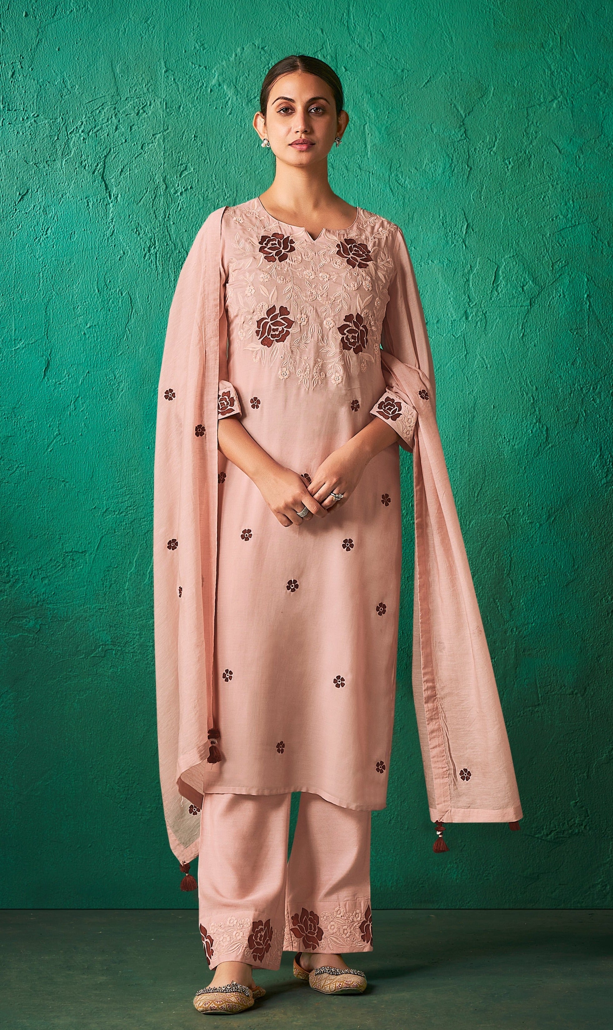 Wine Big Flower Chanderi Kurta Set-fourbuttons-in