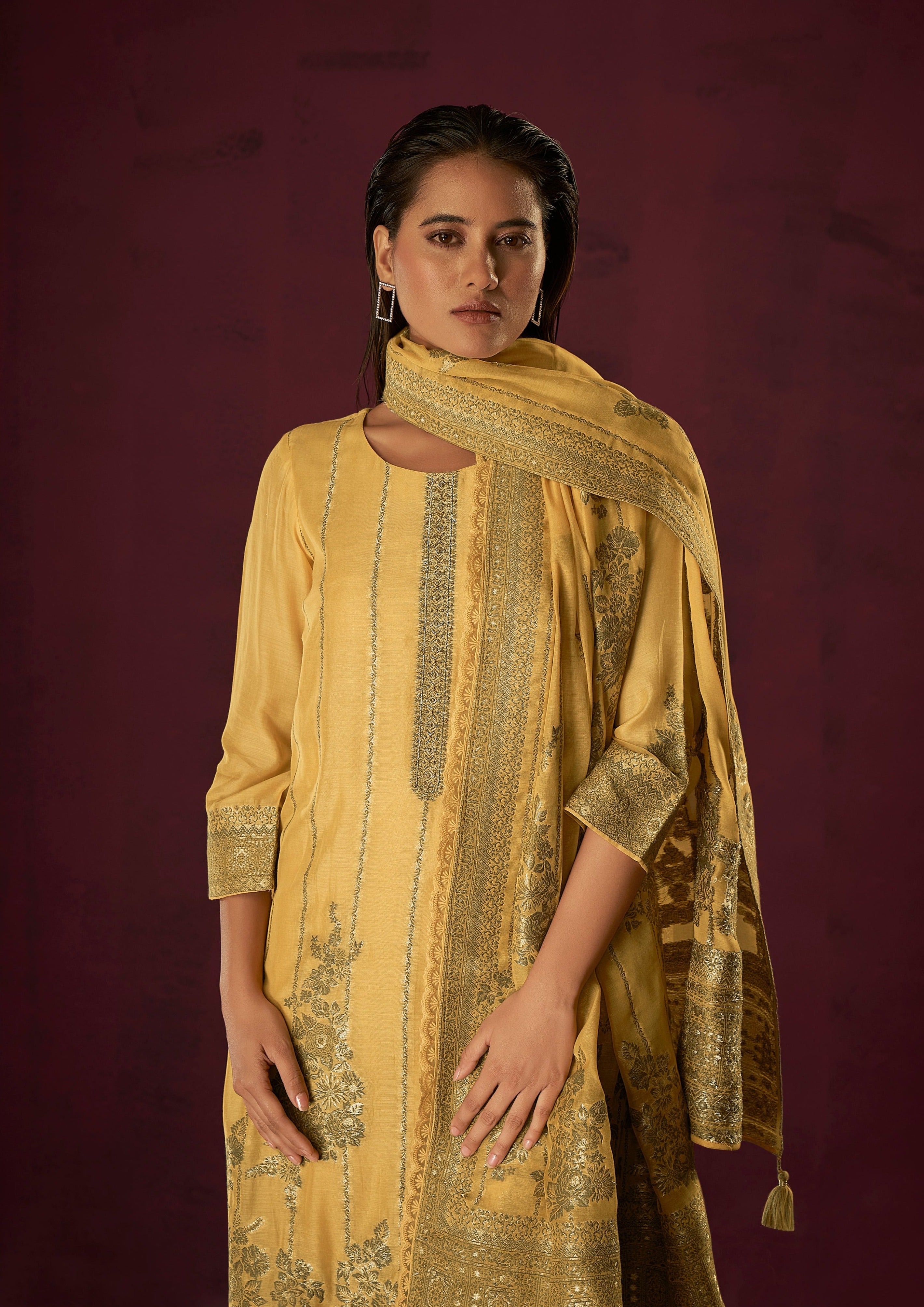 Yellow Chanderi Silk Kurta Set-fourbuttons-in