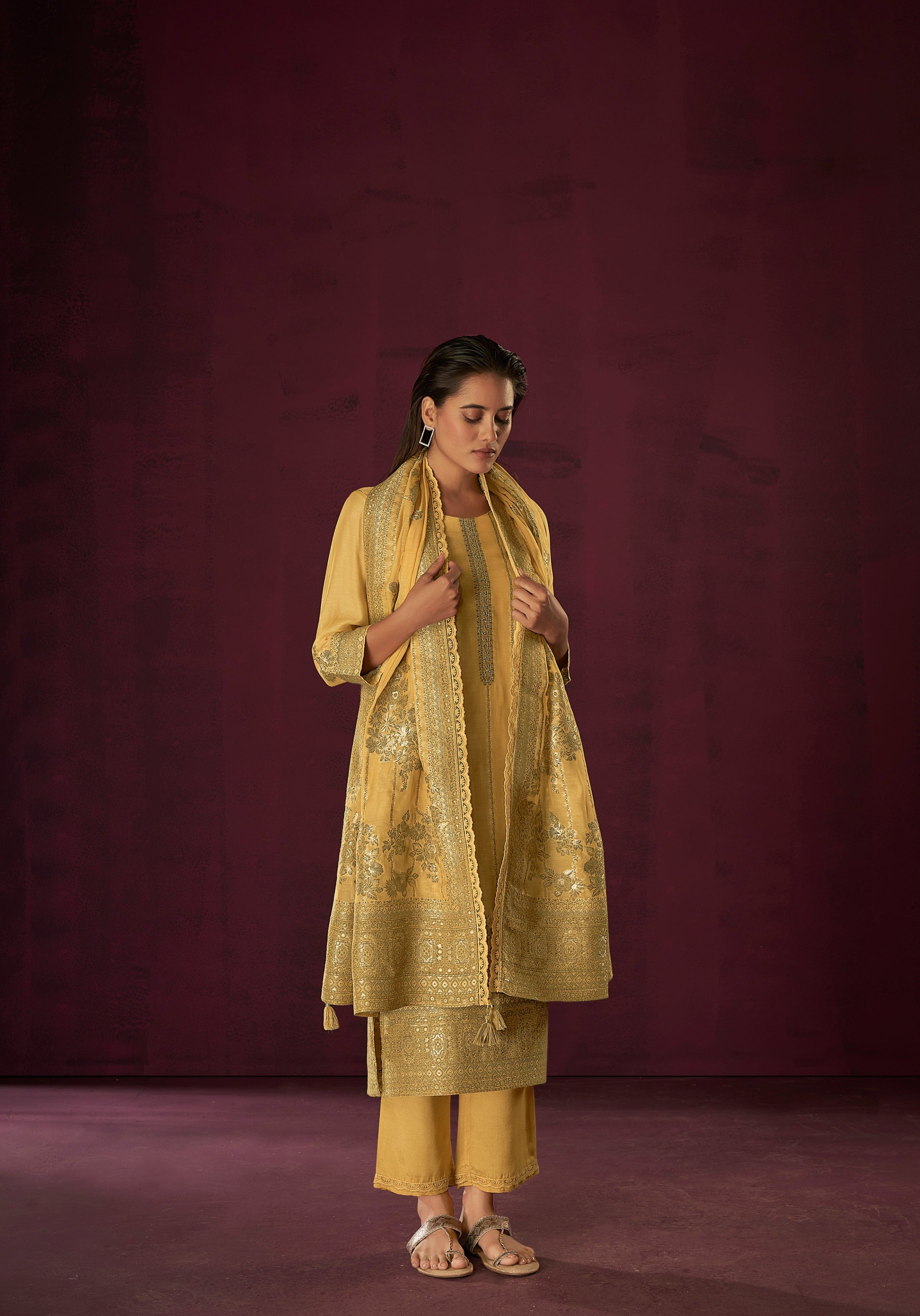 Yellow Chanderi Silk Kurta Set-fourbuttons-in