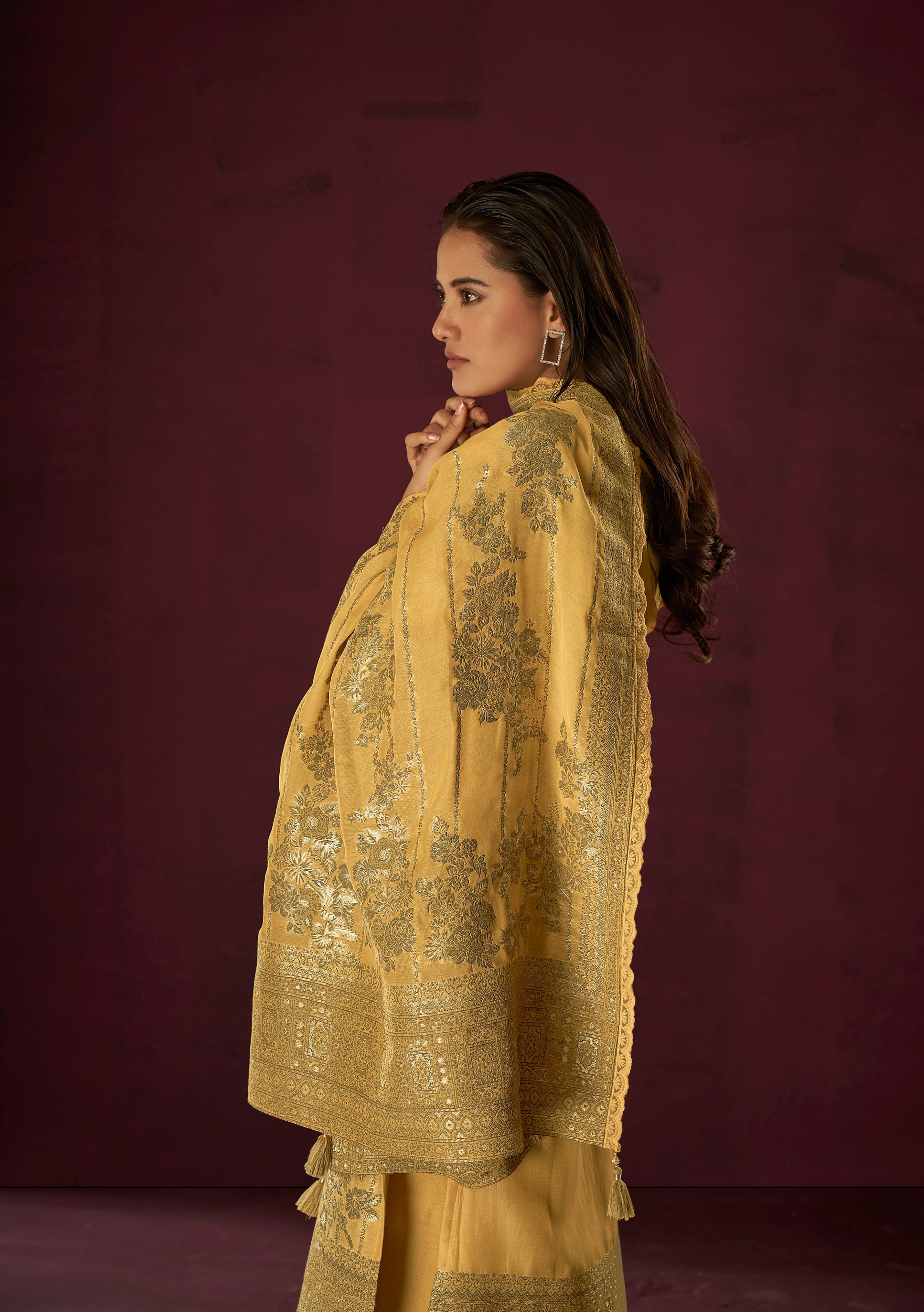 Yellow Chanderi Silk Kurta Set-fourbuttons-in